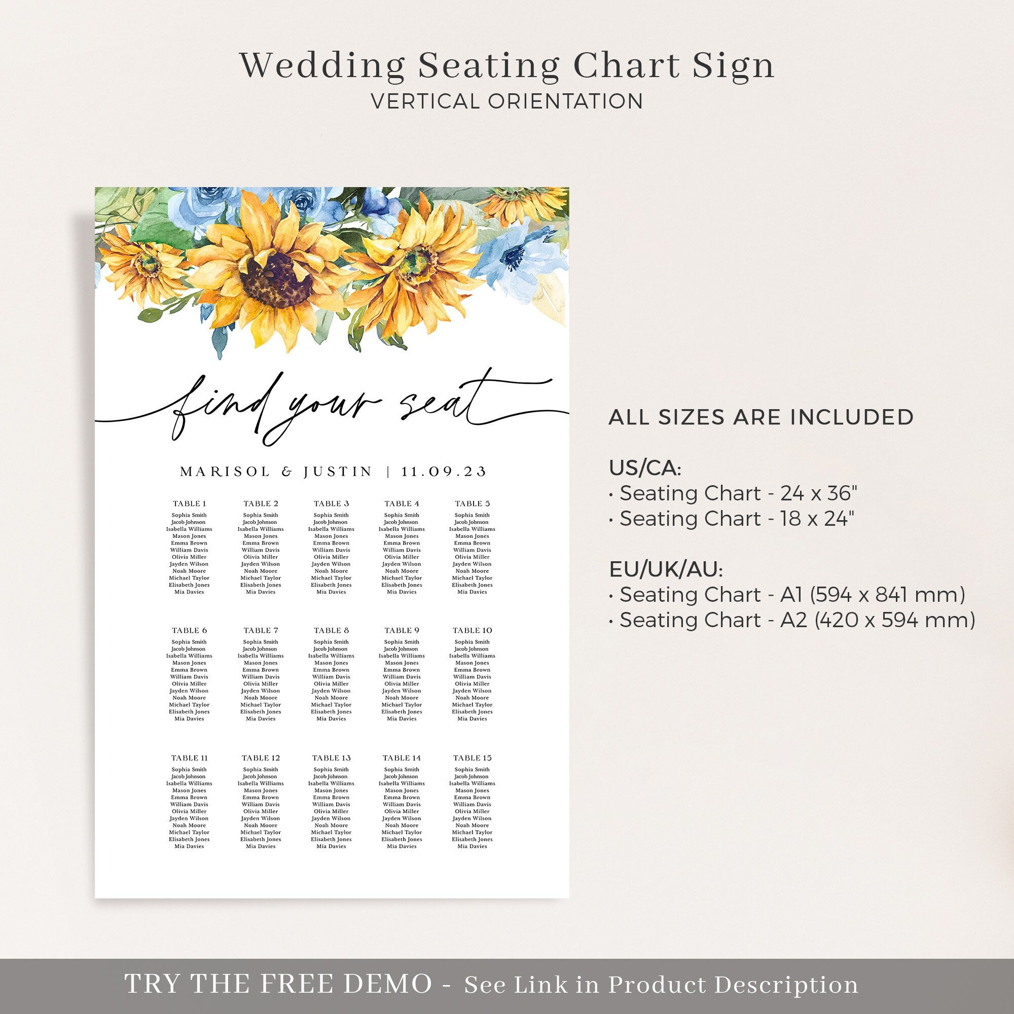 IVY Sunflower Wedding Seating Chart Template