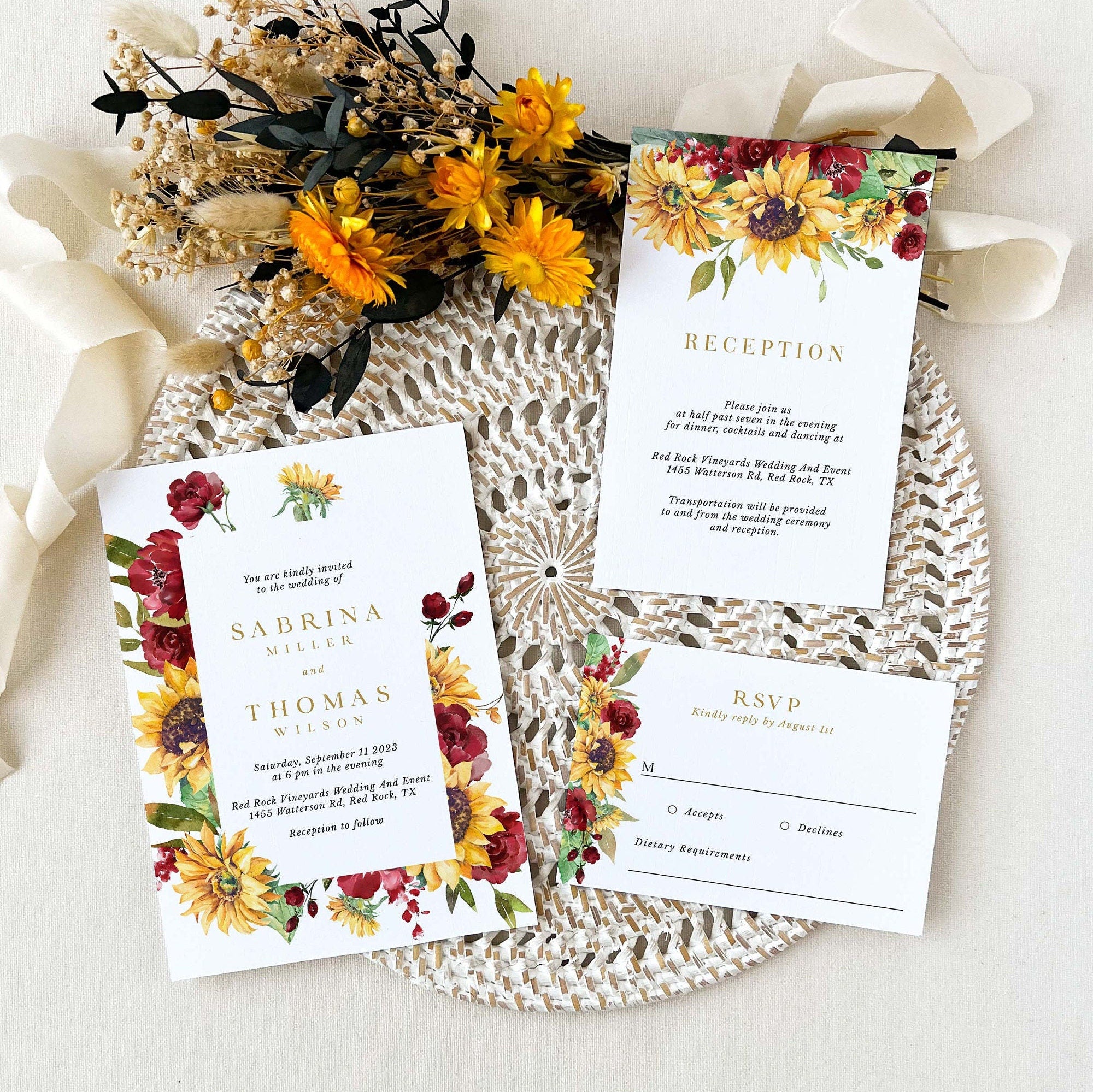 RUBY Rustic Sunflowers Wedding Invitation Set with Rsvp