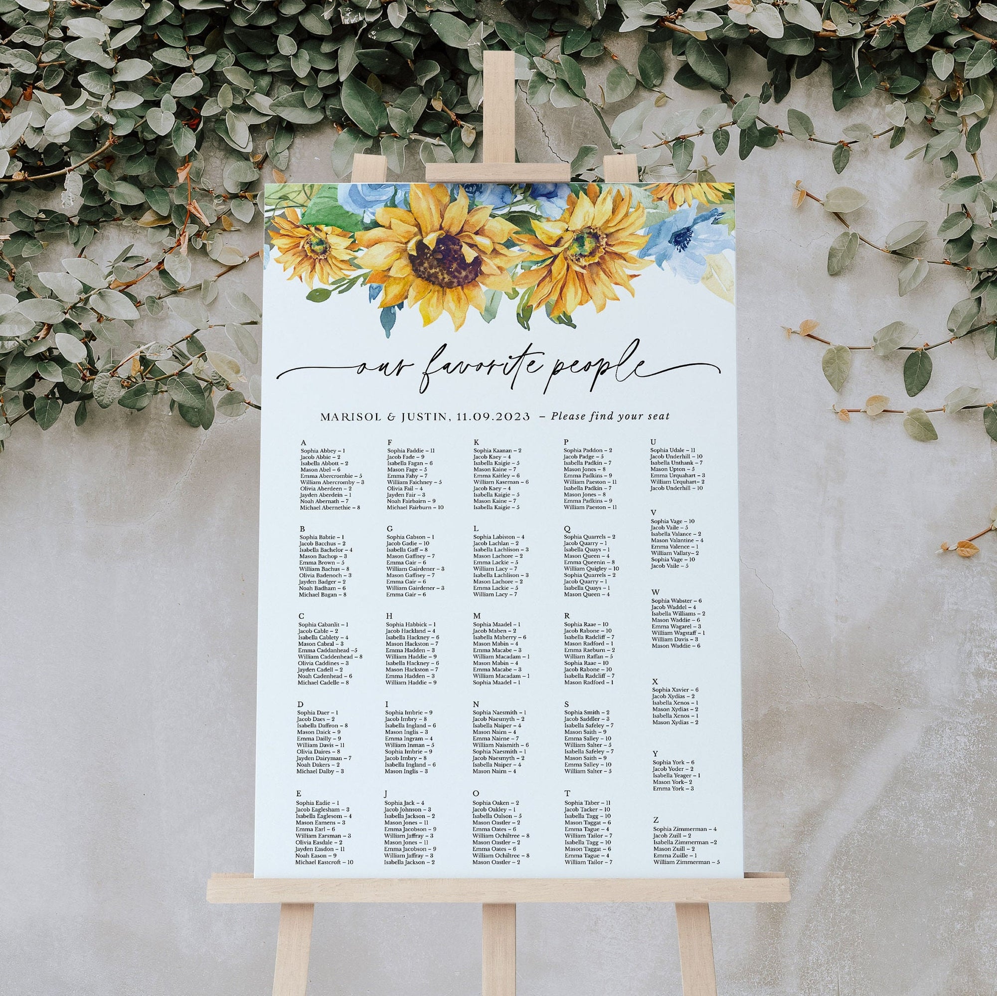 IVY Sunflower Wedding Seating Plan Template Alphabetical Order