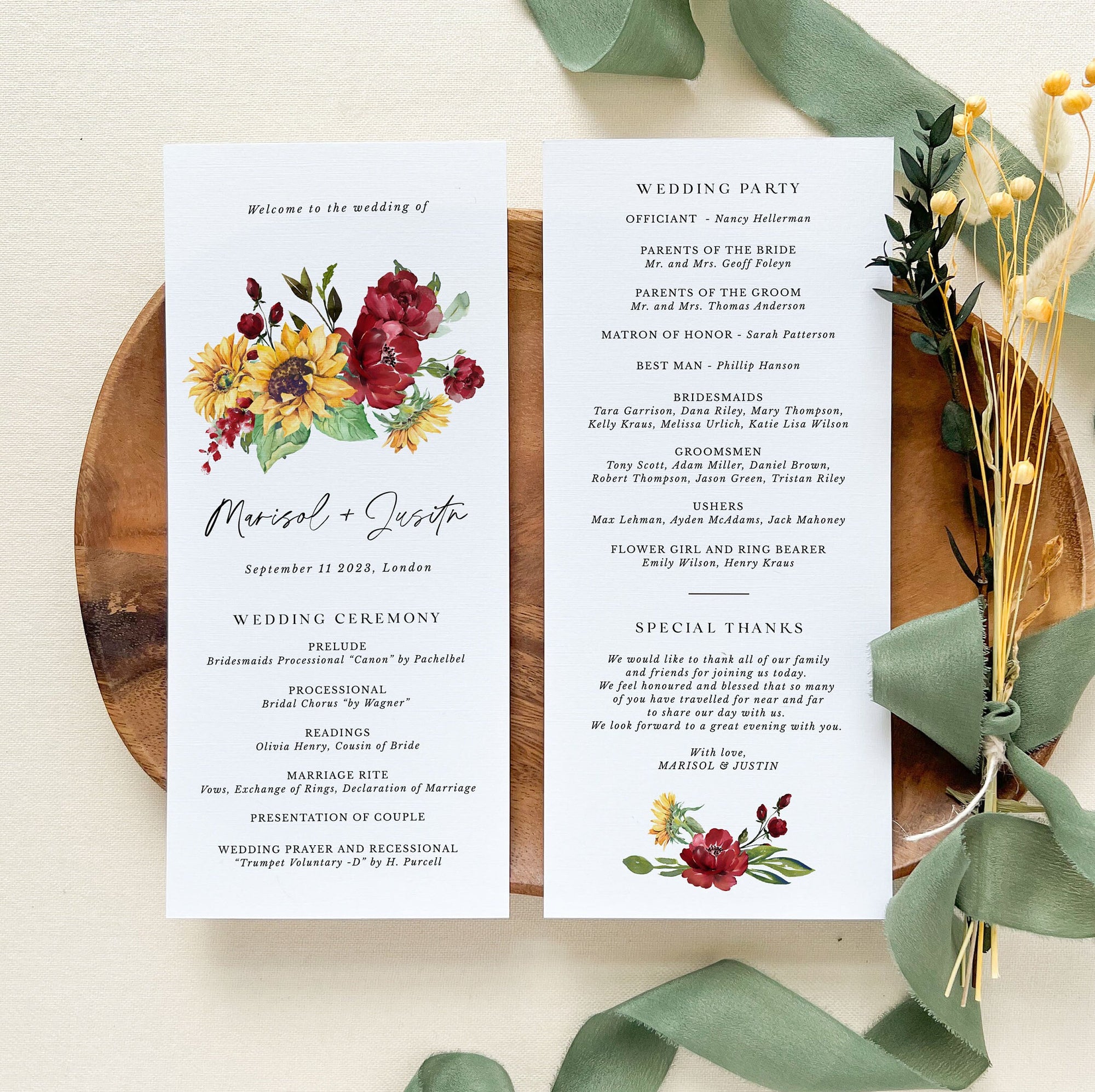 RUBY Sunflower Wedding Program Template Order of Service