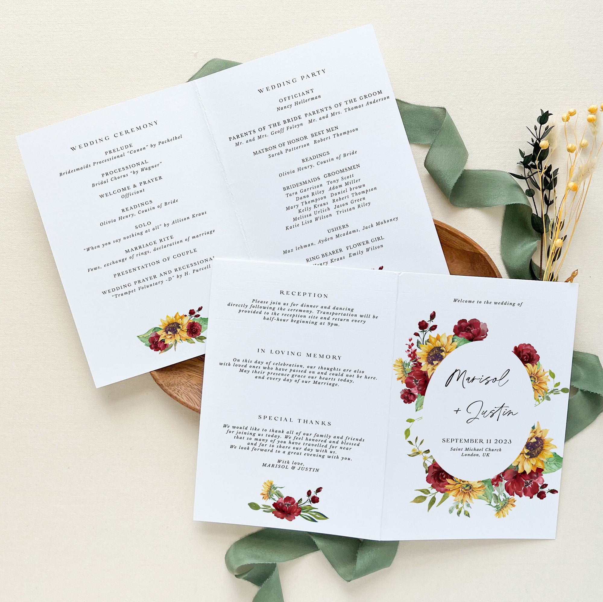 RUBY Sunflower Wedding Program Template Order of Service