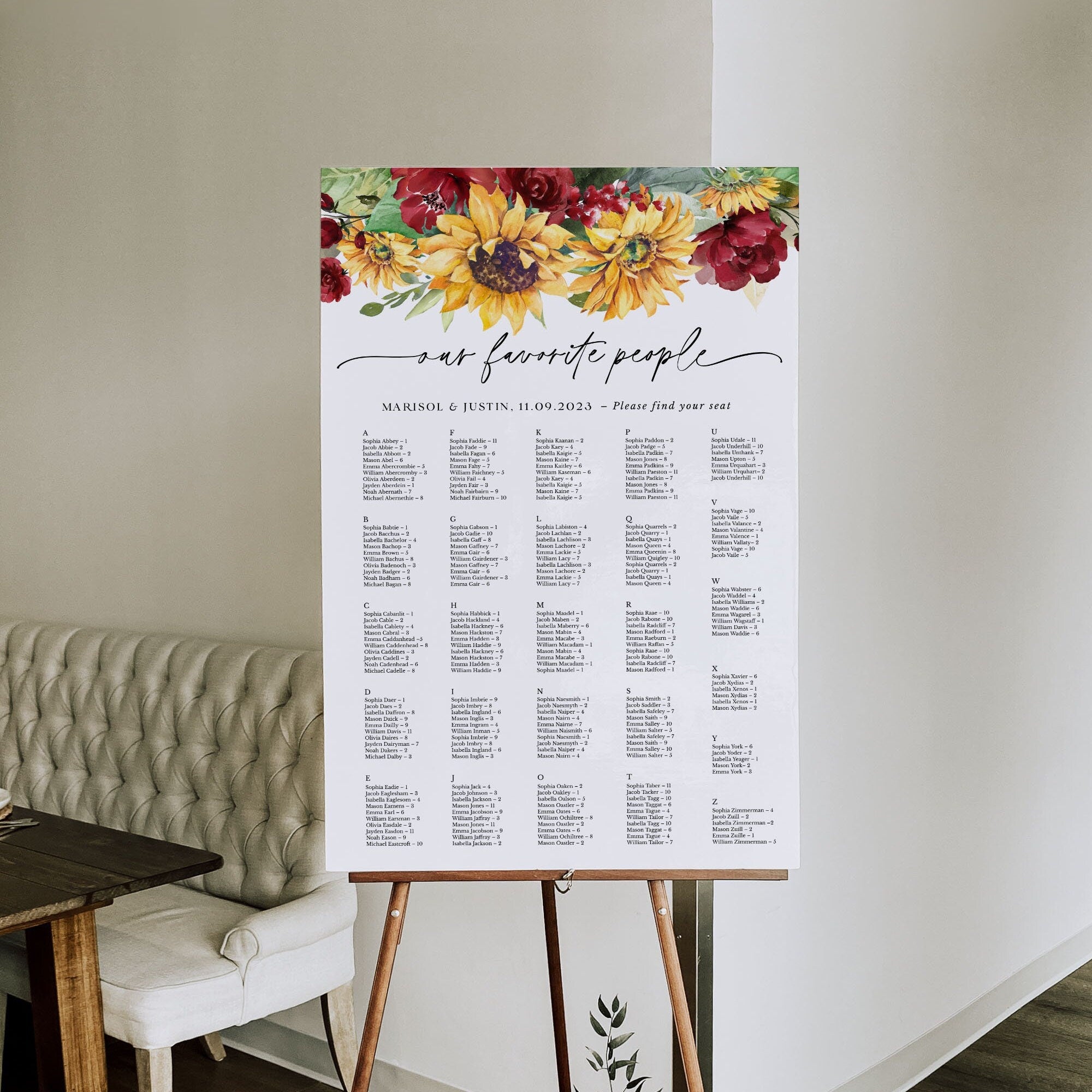 RUBY Printable Alphabetical Seating Chart Wedding Rustic