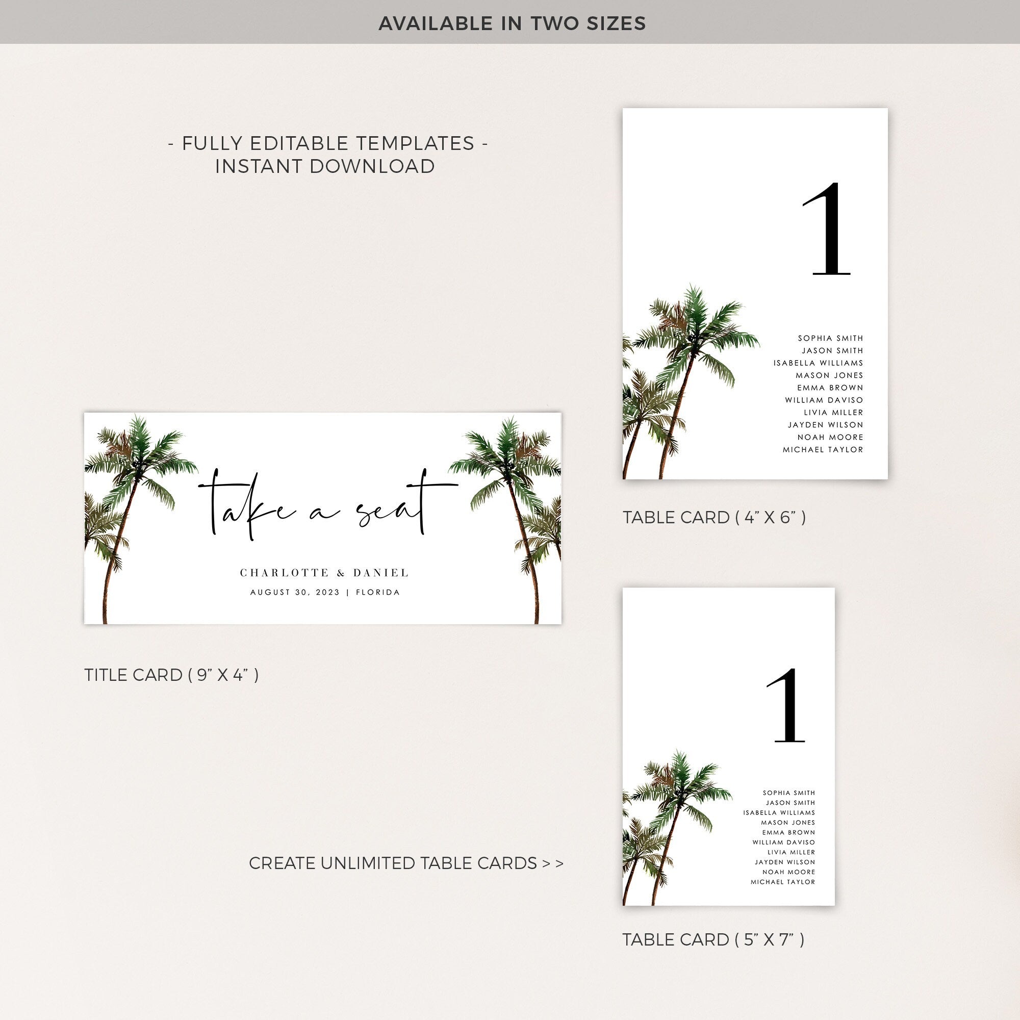 KONA Palm Tree Seating Chart Cards Template