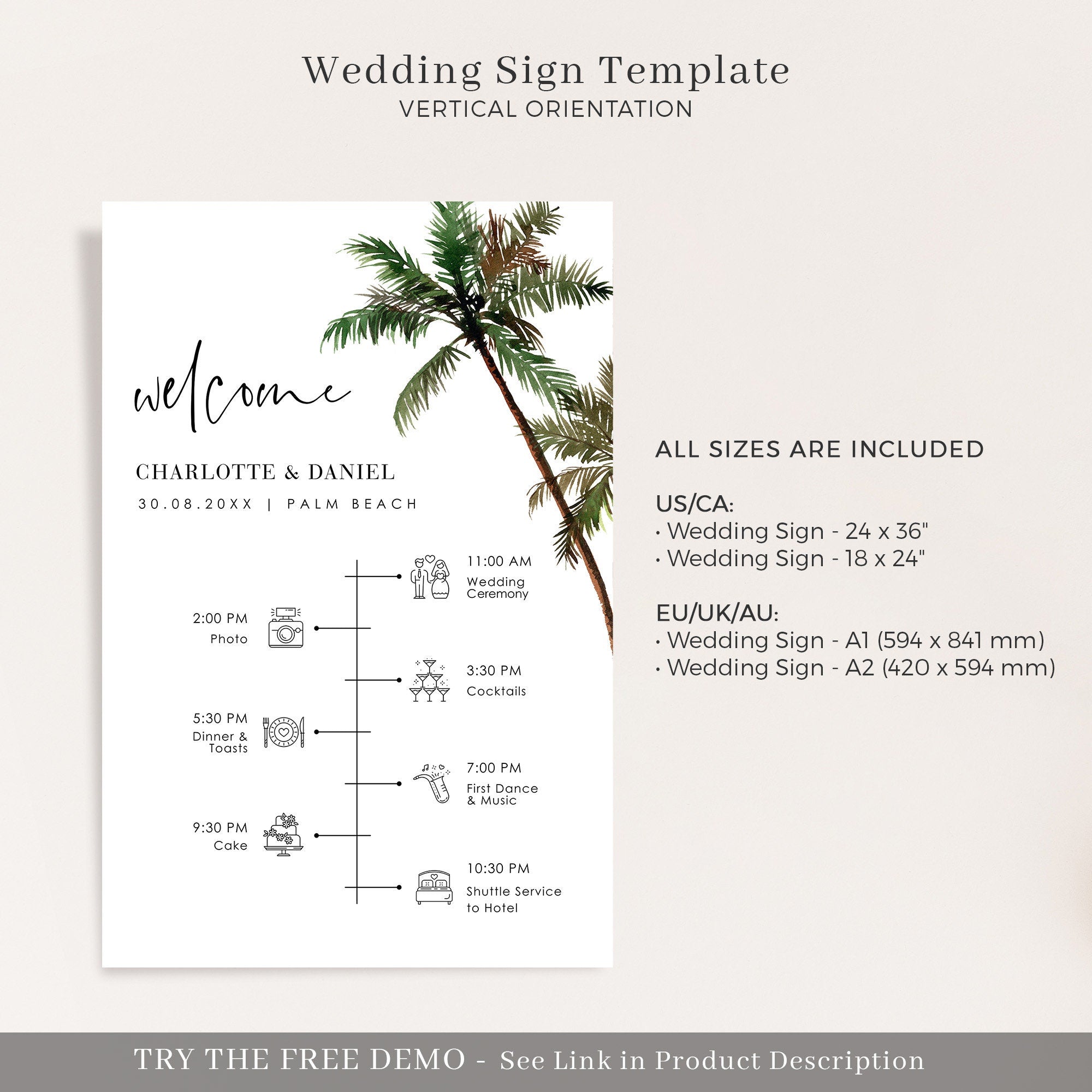 KONA Palm Tree Wedding Order of Events Sign Template