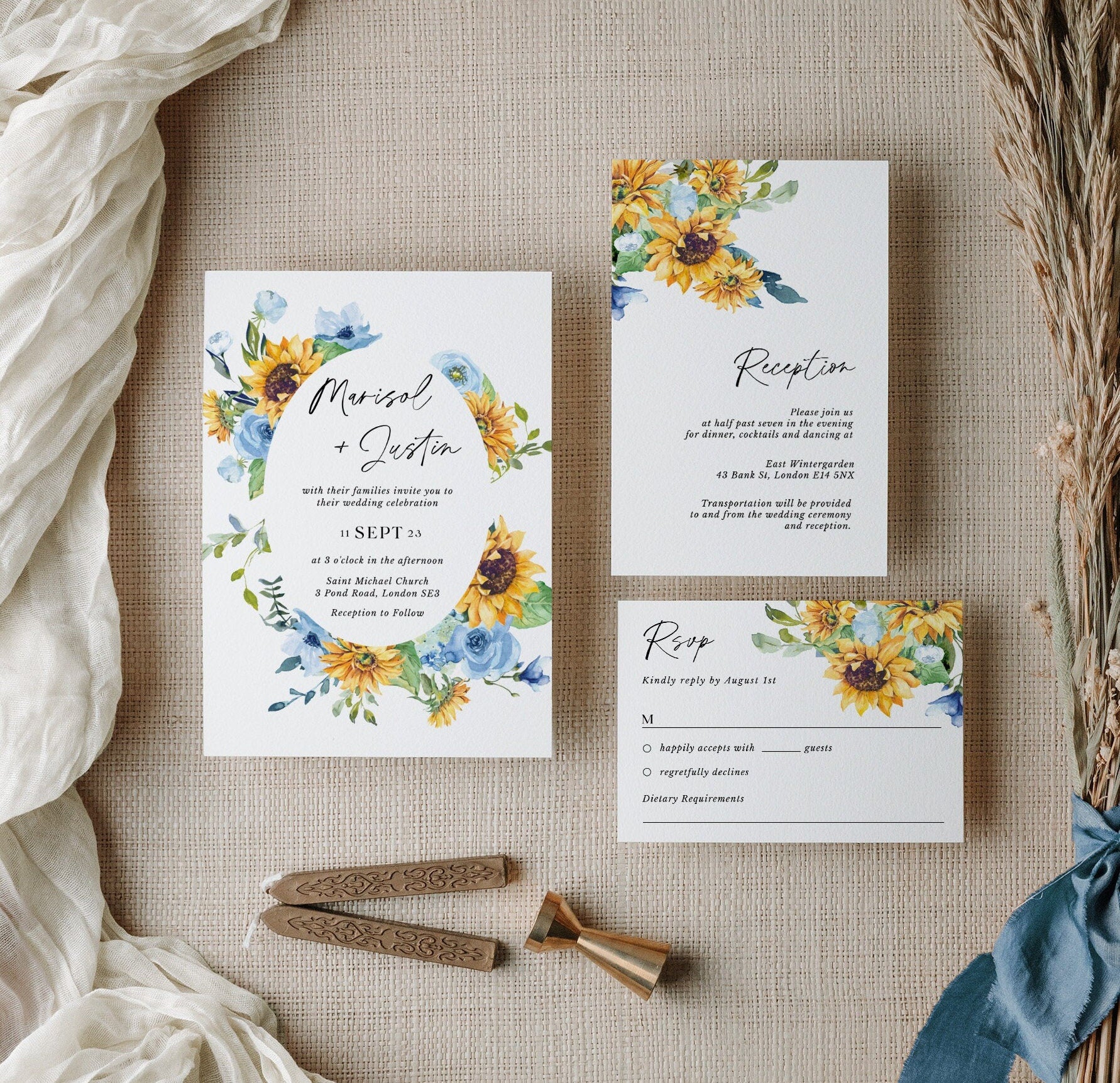 IVY Sunflower and Rose Wedding Stationery Template Bundle