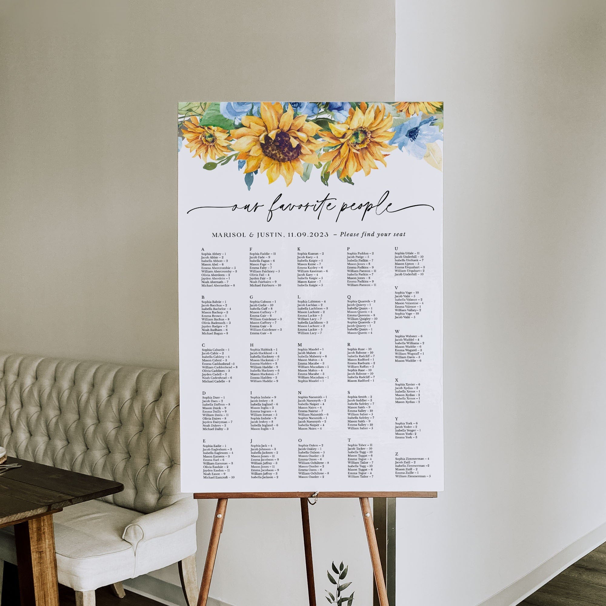 IVY Sunflower Wedding Seating Plan Template Alphabetical Order