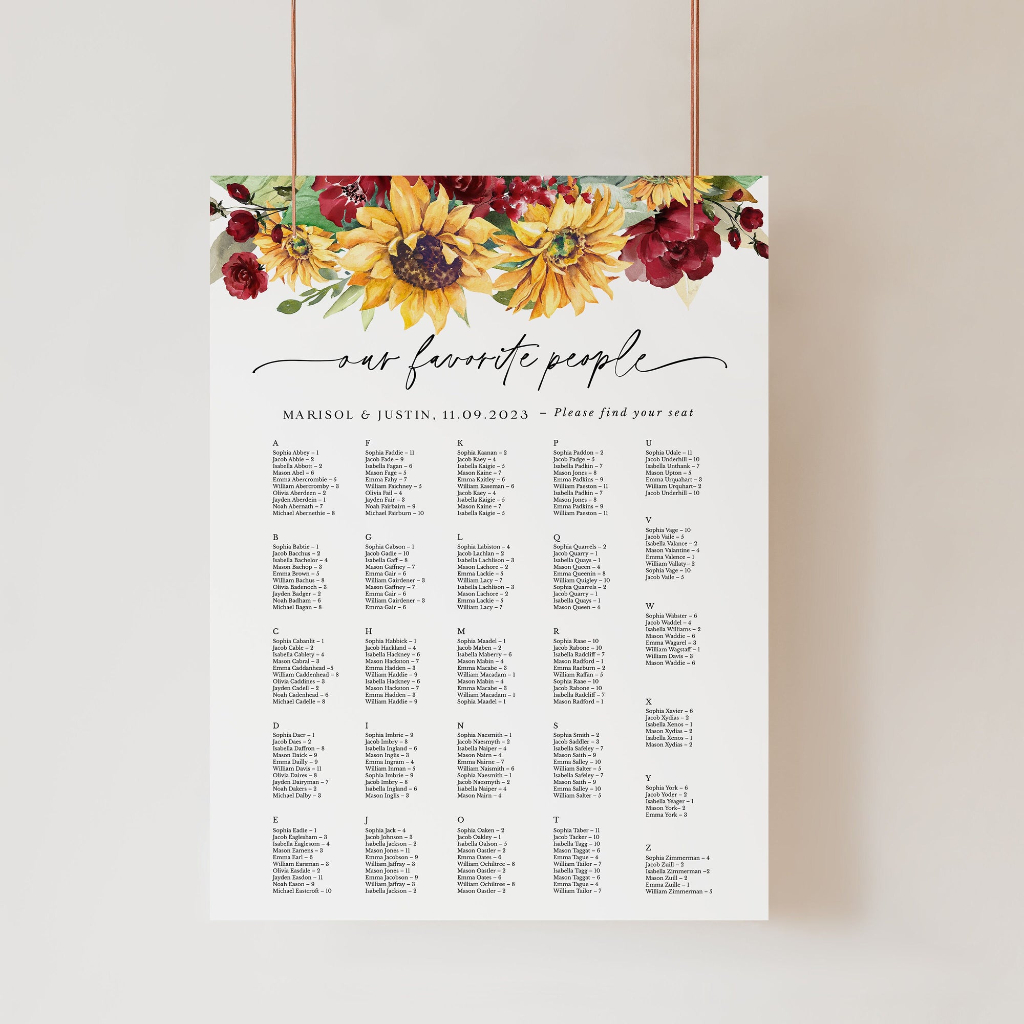 RUBY Printable Alphabetical Seating Chart Wedding Rustic