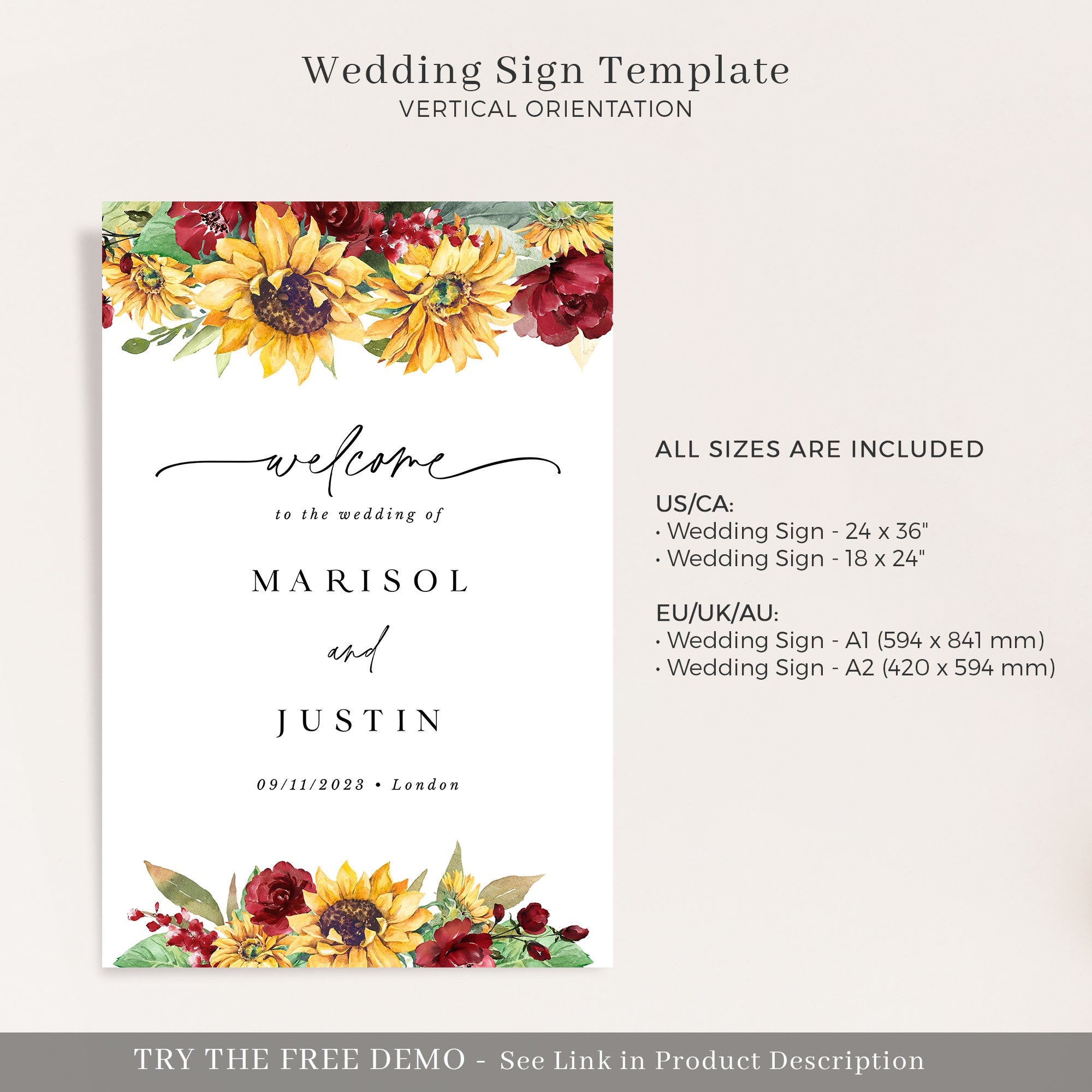 RUBY Printable Sunflower Wedding Signs Rustic Template