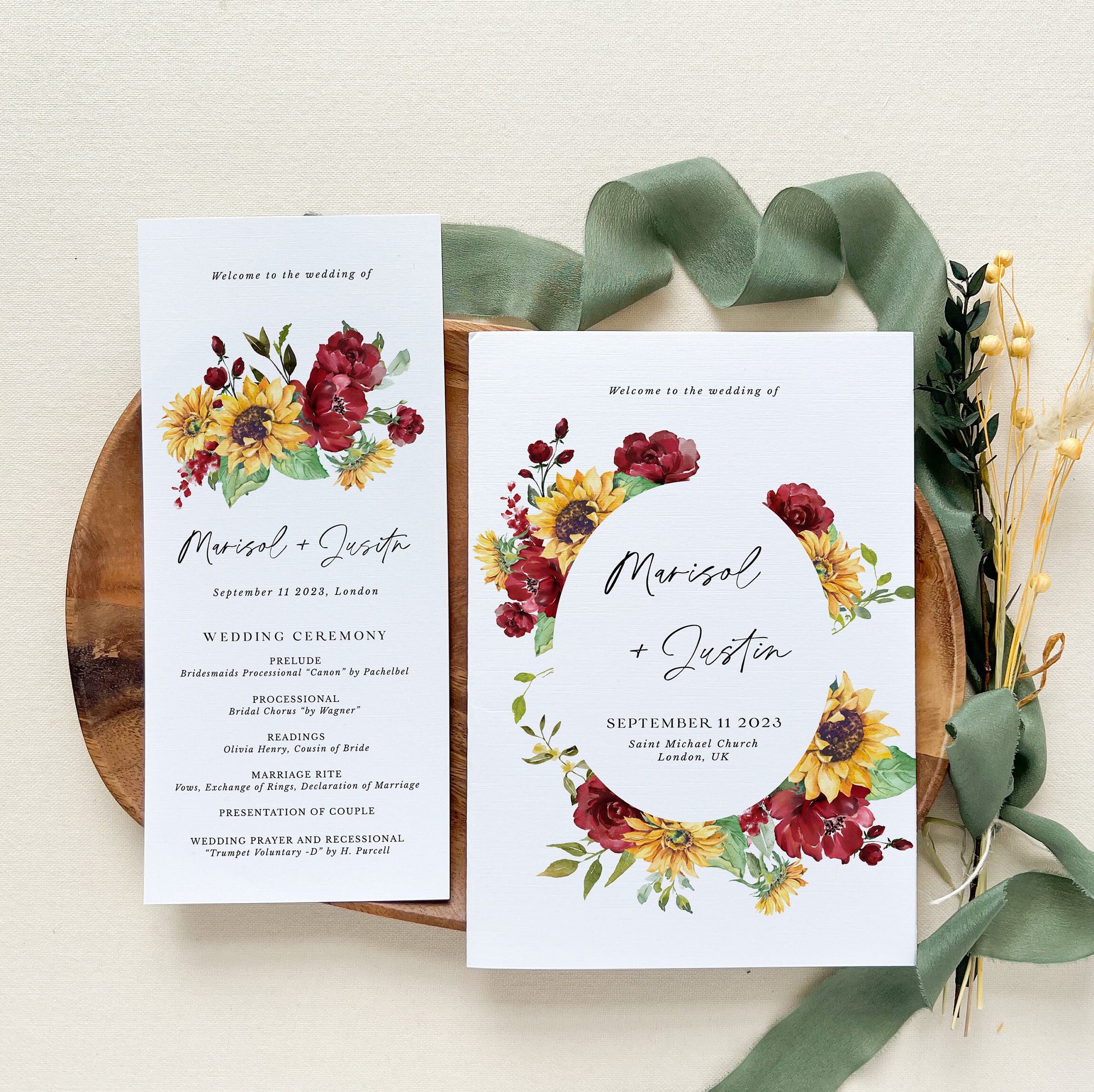 RUBY Sunflower Wedding Program Template Order of Service