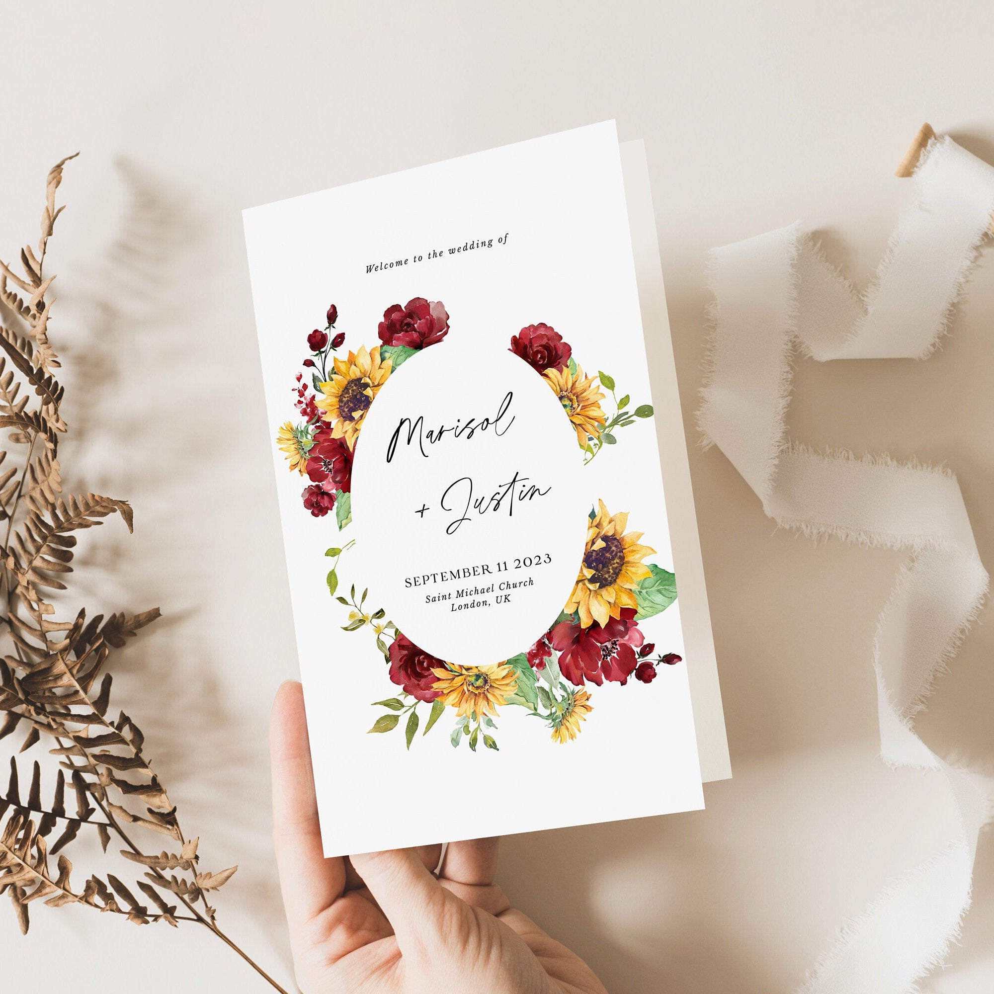 RUBY Sunflower Wedding Program Template Order of Service