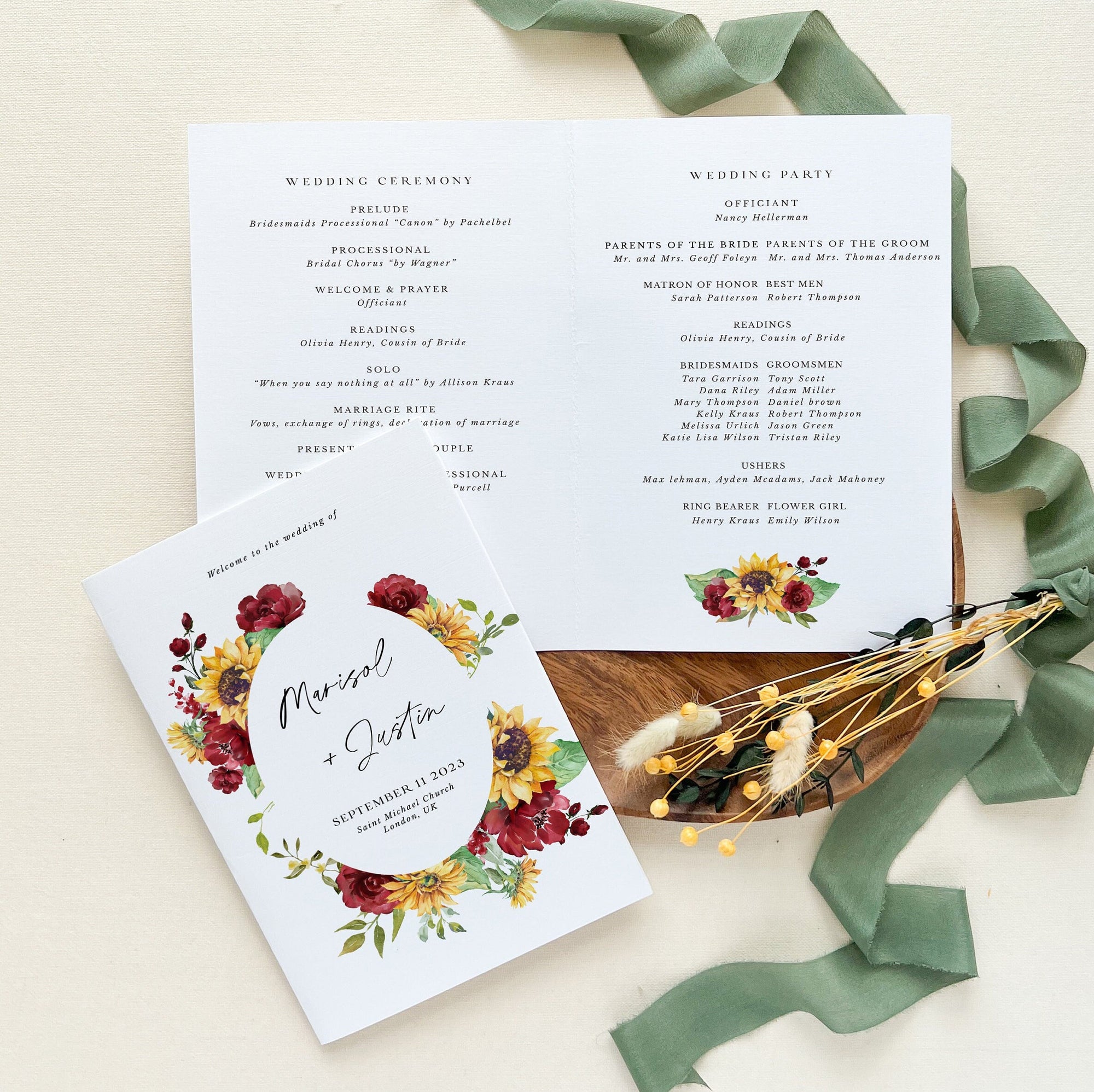 RUBY Sunflower Wedding Program Template Order of Service