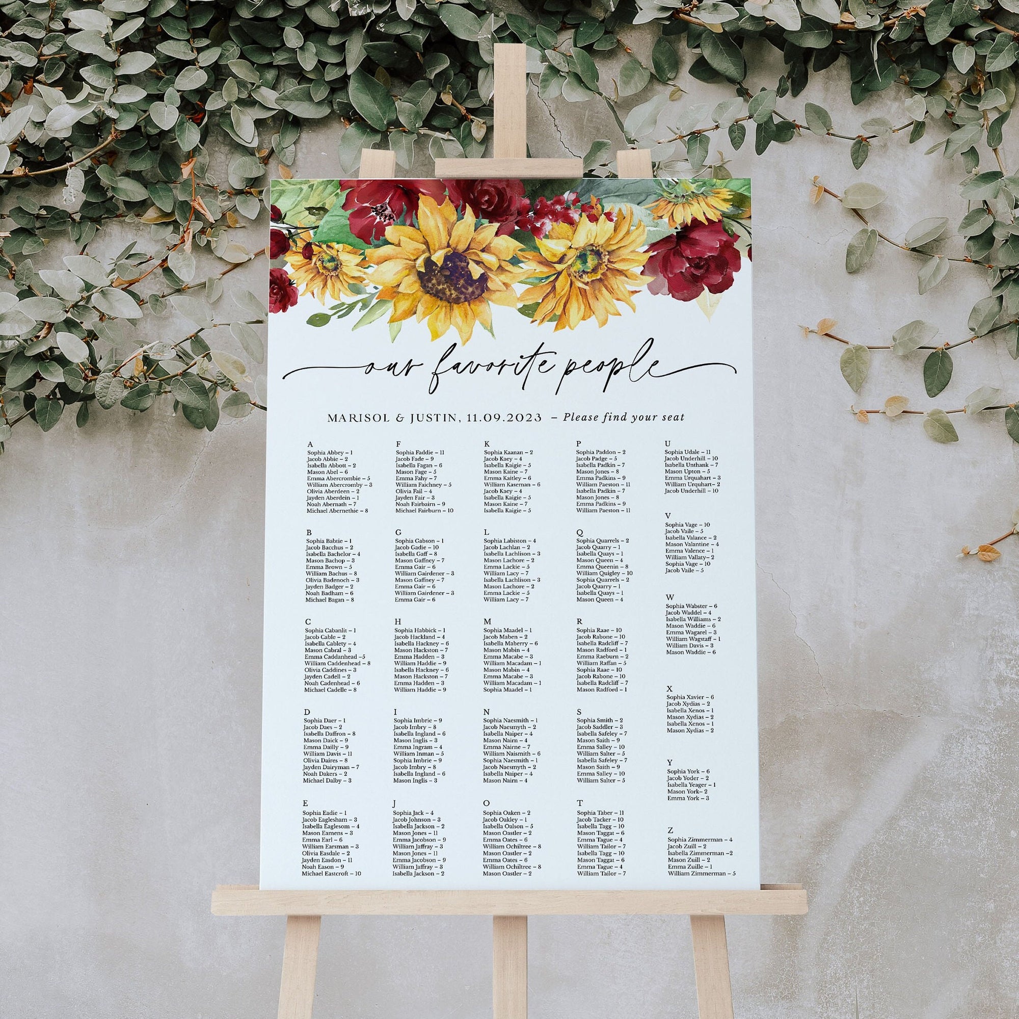 RUBY Printable Alphabetical Seating Chart Wedding Rustic