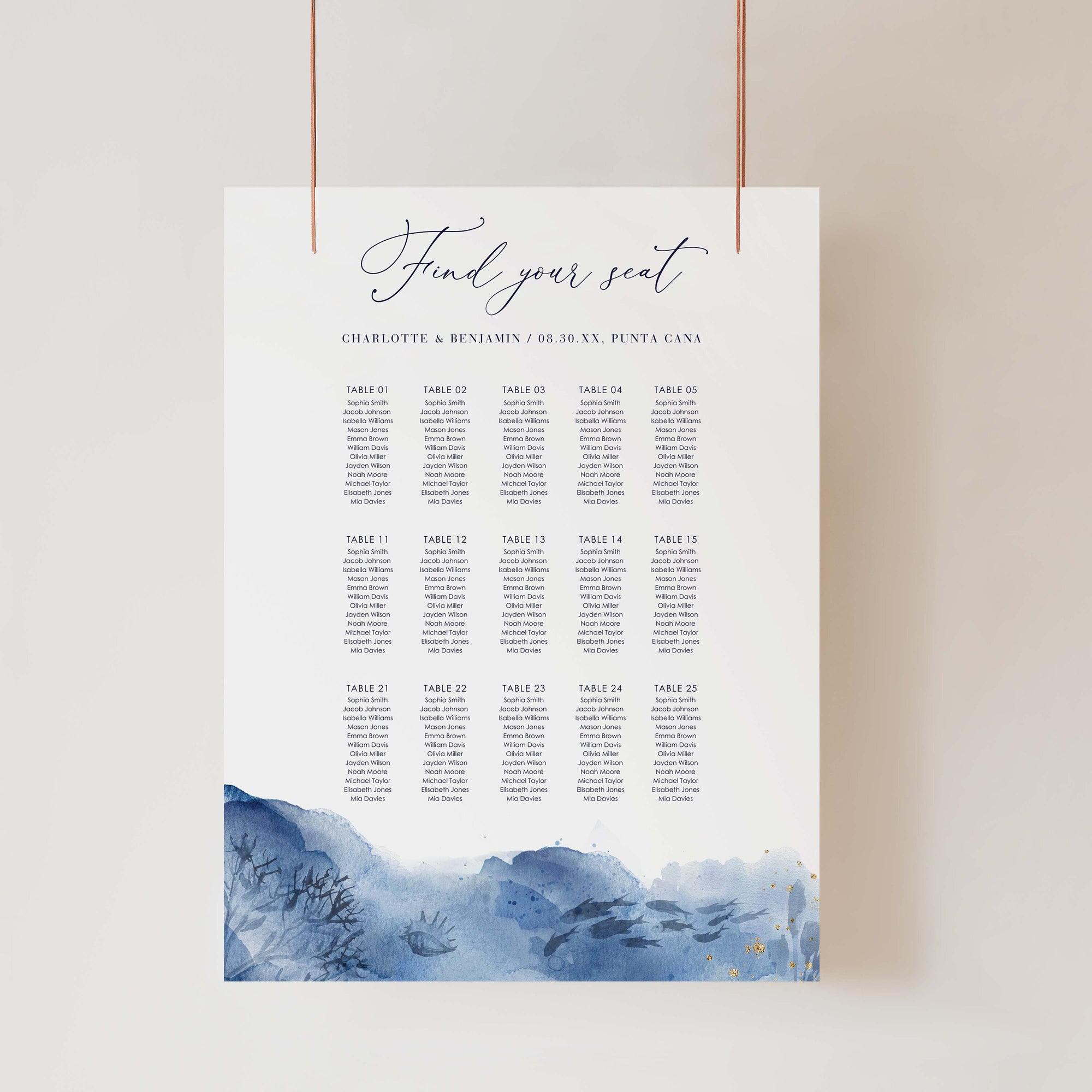 YLENIA Ocean Wedding Seating Chart Template