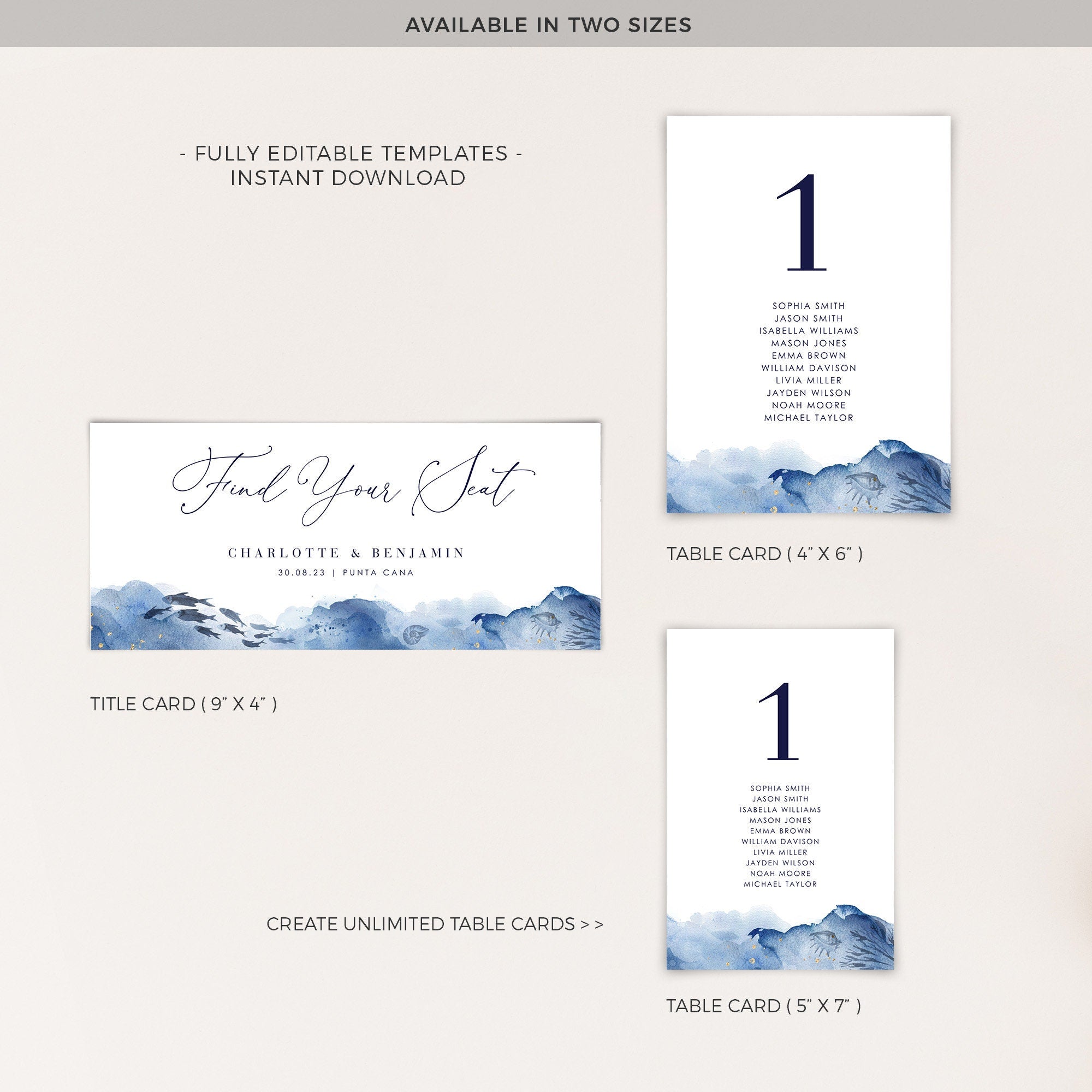 YLENIA Ocean Wedding Seating Chart Card Template