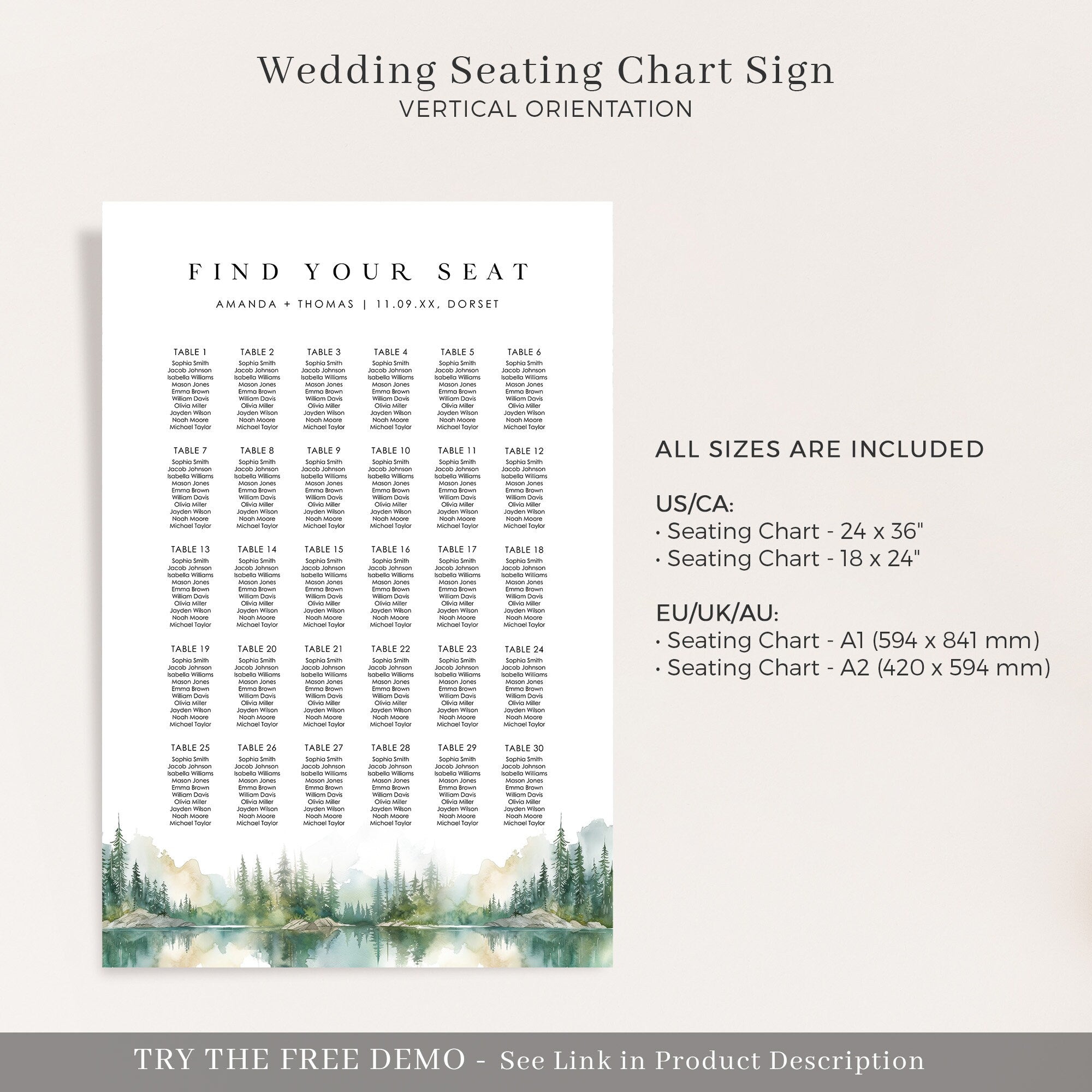 ARNA Mountain Wedding Seating Chart Template Printable