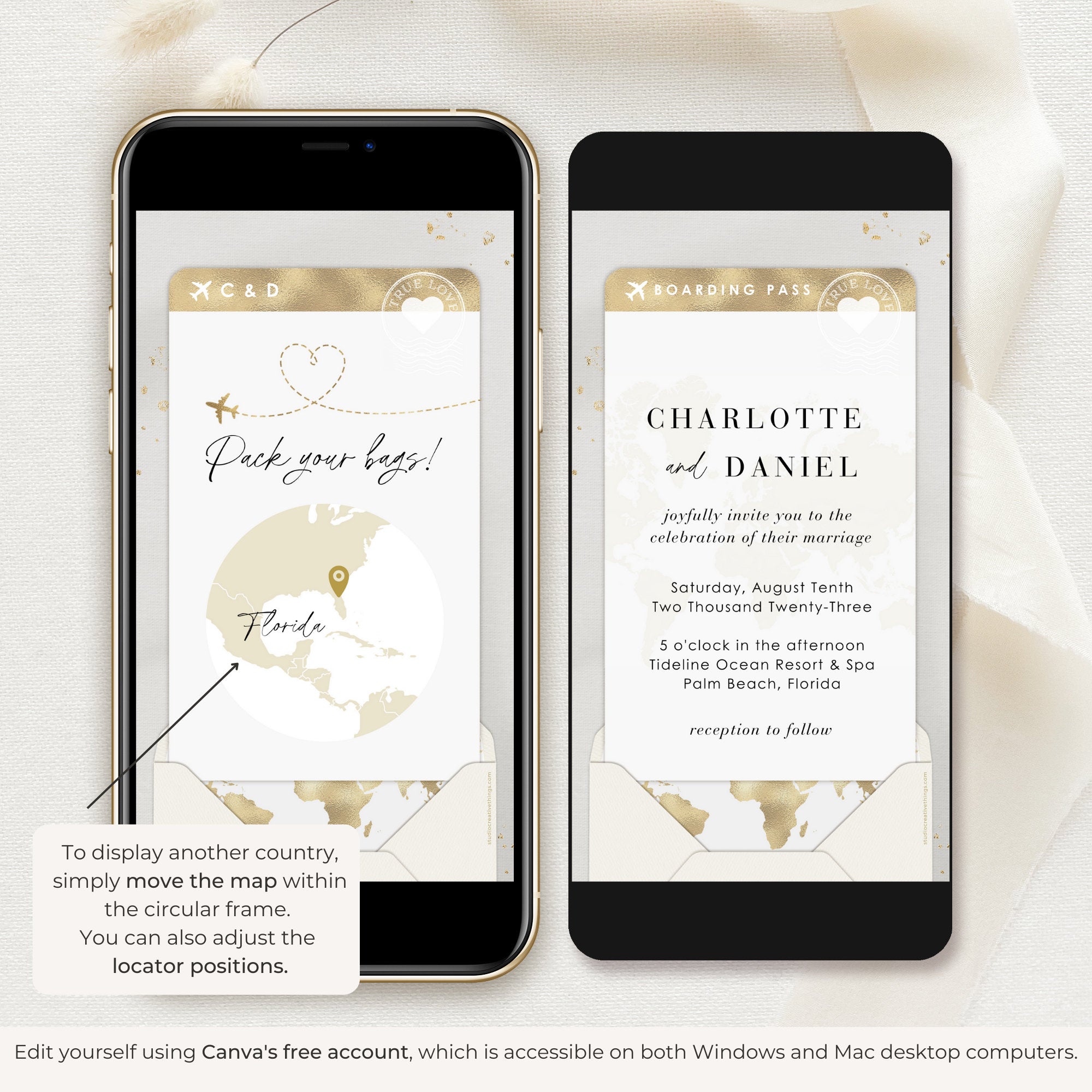 Boarding Pass Wedding Invitation Video Template - White &amp; Gold