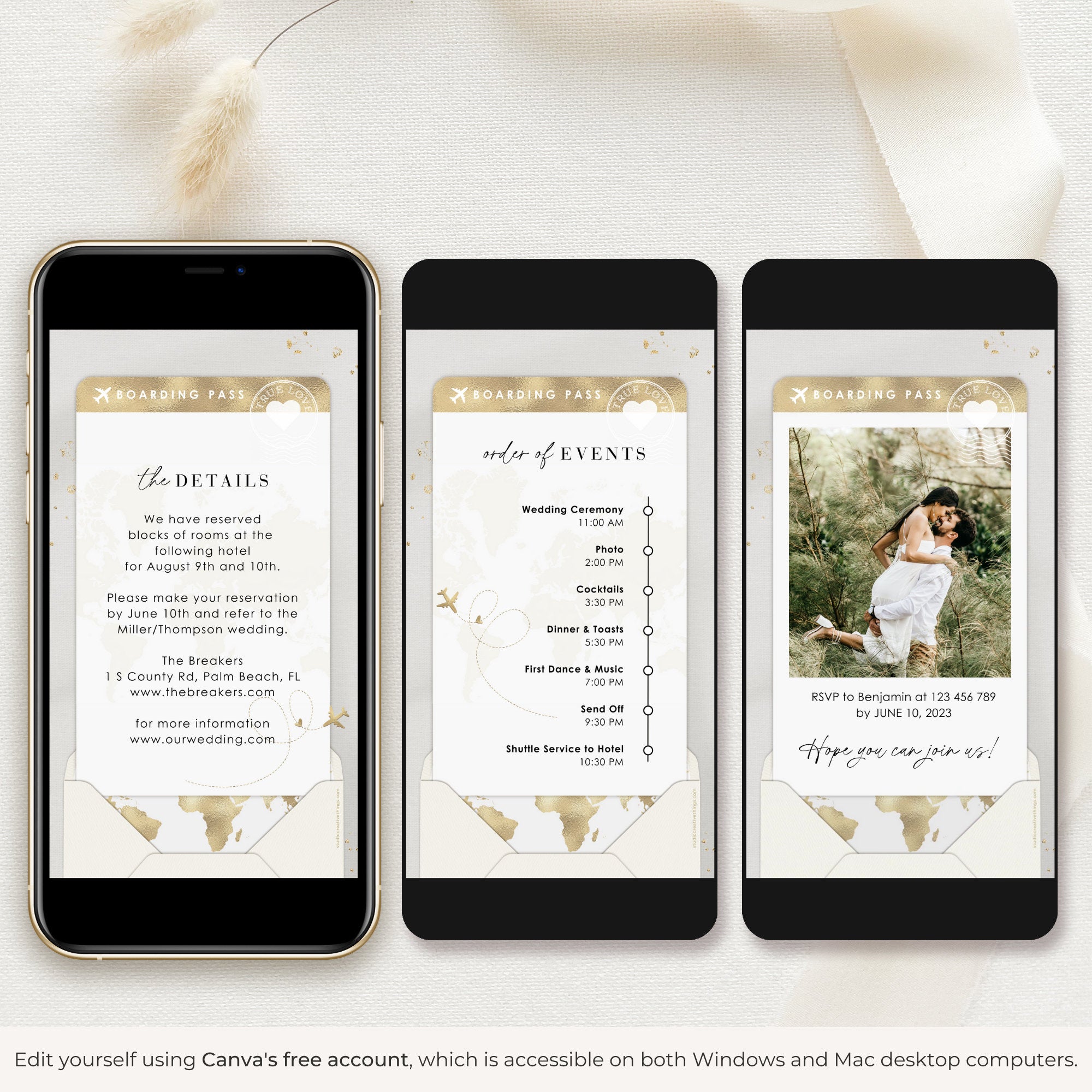 Boarding Pass Wedding Invitation Video Template - White &amp; Gold