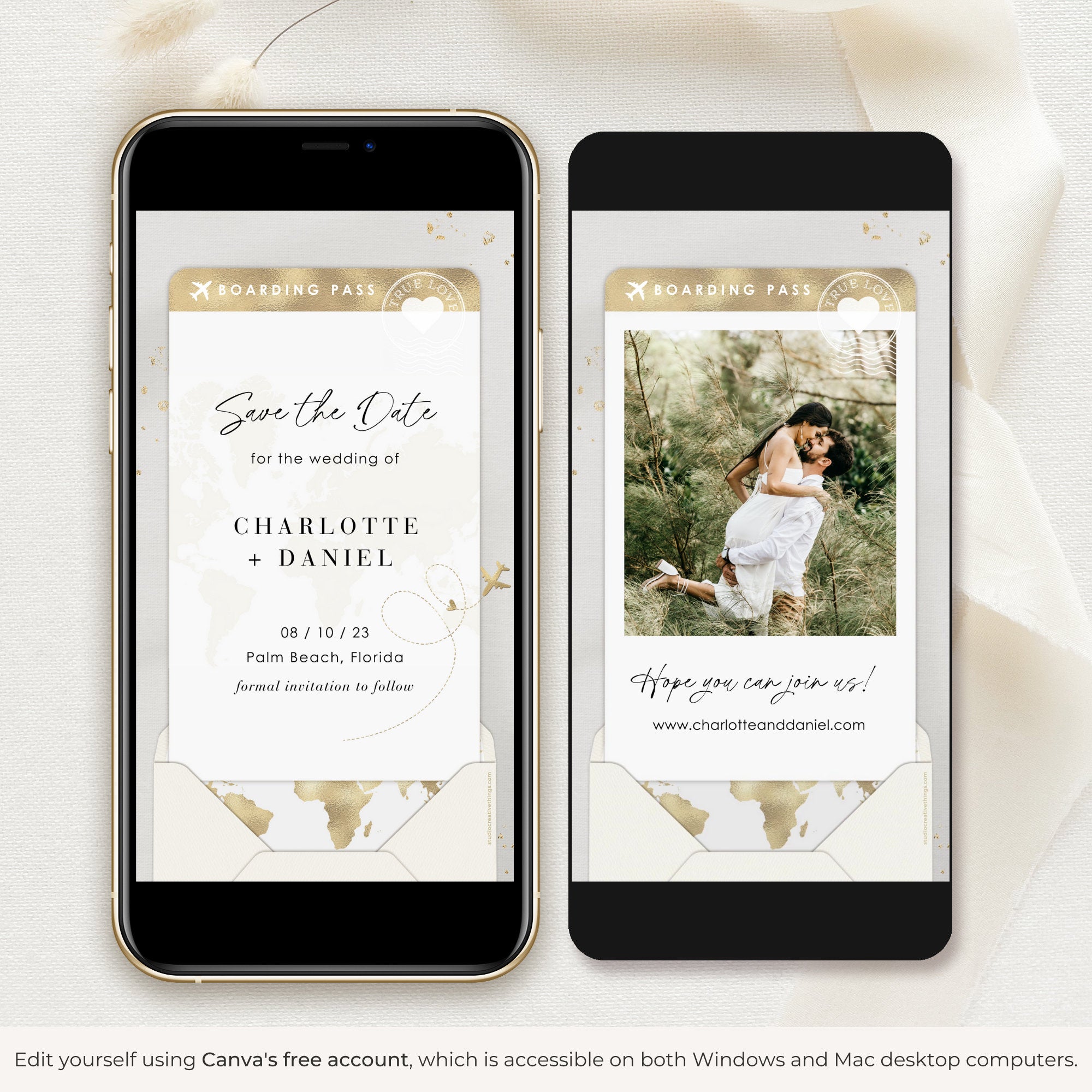 Boarding Pass Save the Date Video Template - White &amp; Gold