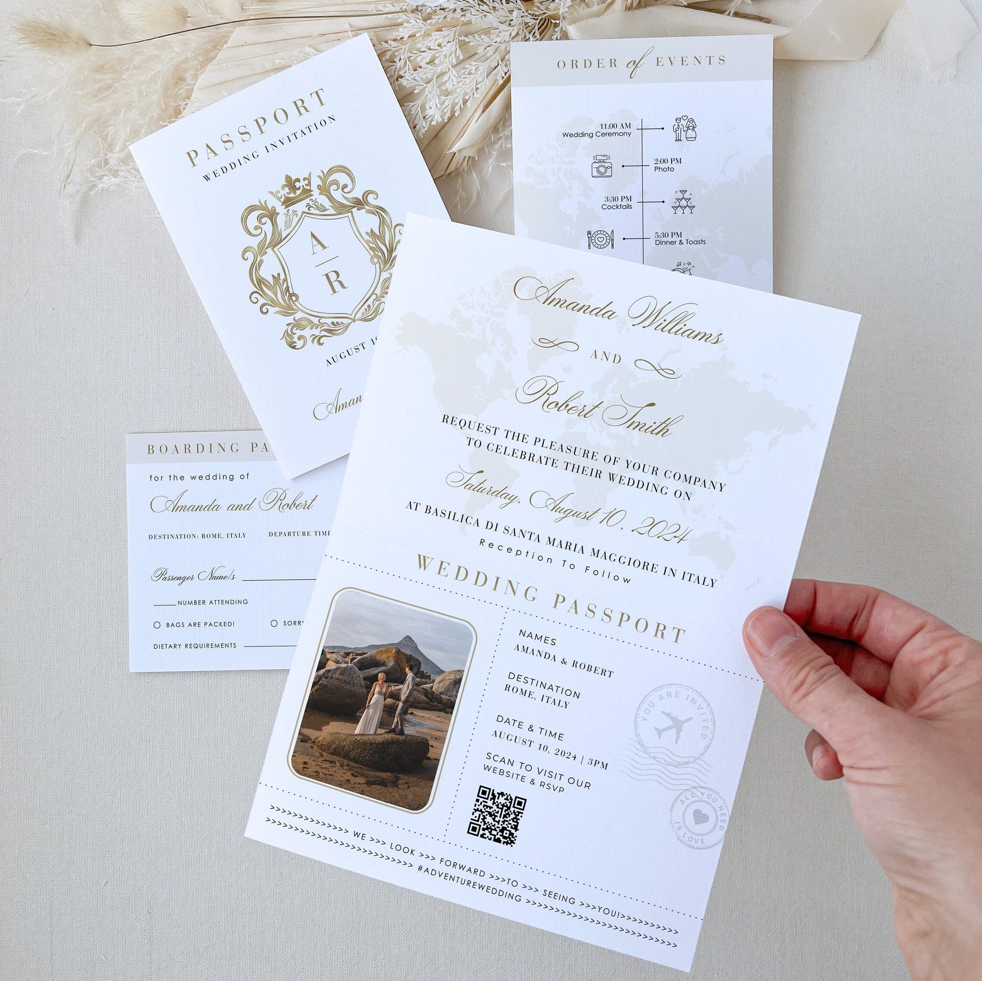 White &amp; Gold Passport Wedding Invitation Template