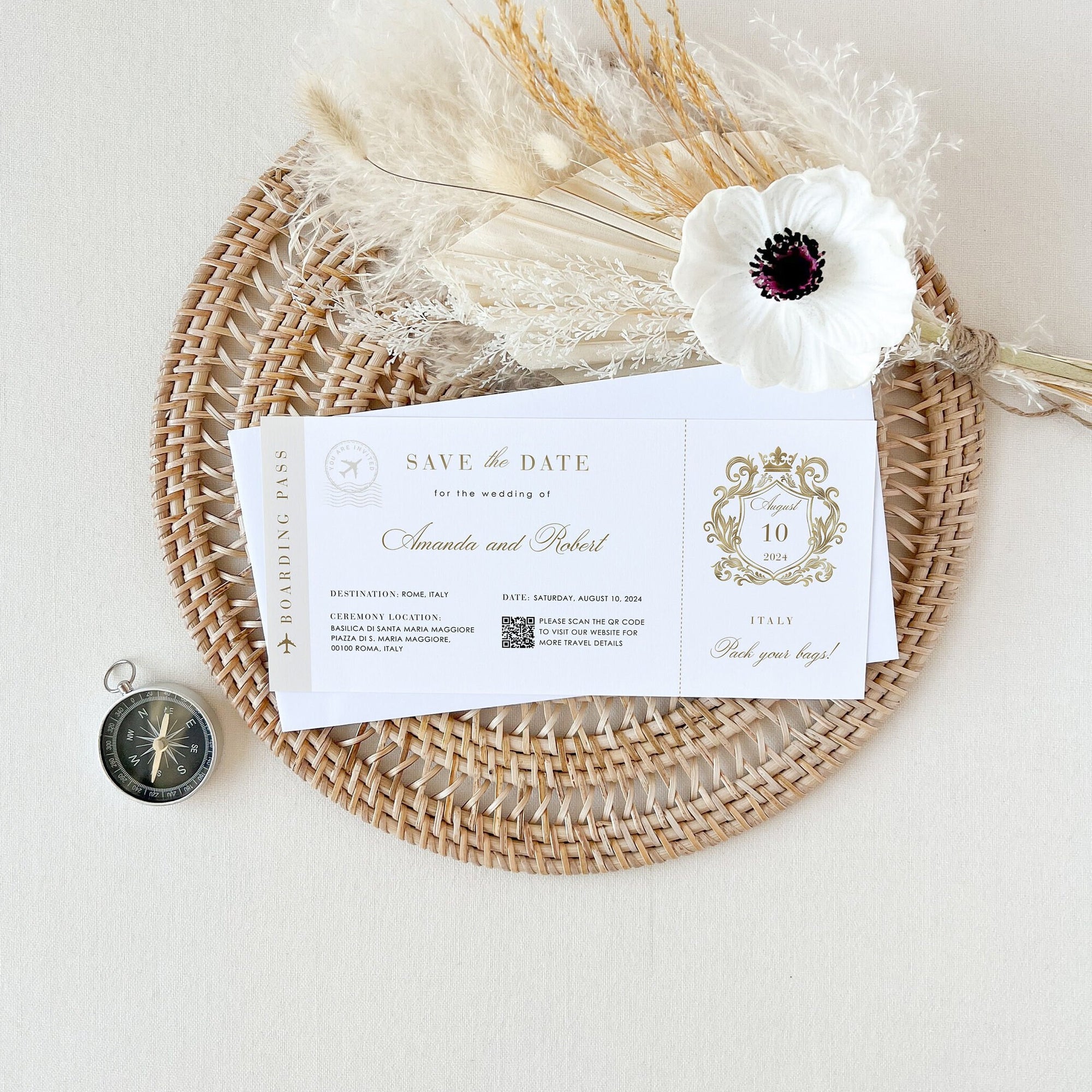 White &amp; Gold Boarding Pass Save the Date Template