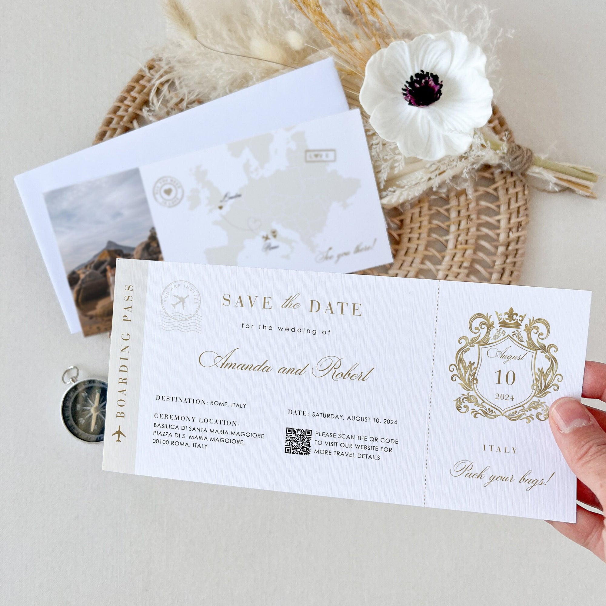 White &amp; Gold Boarding Pass Save the Date Template