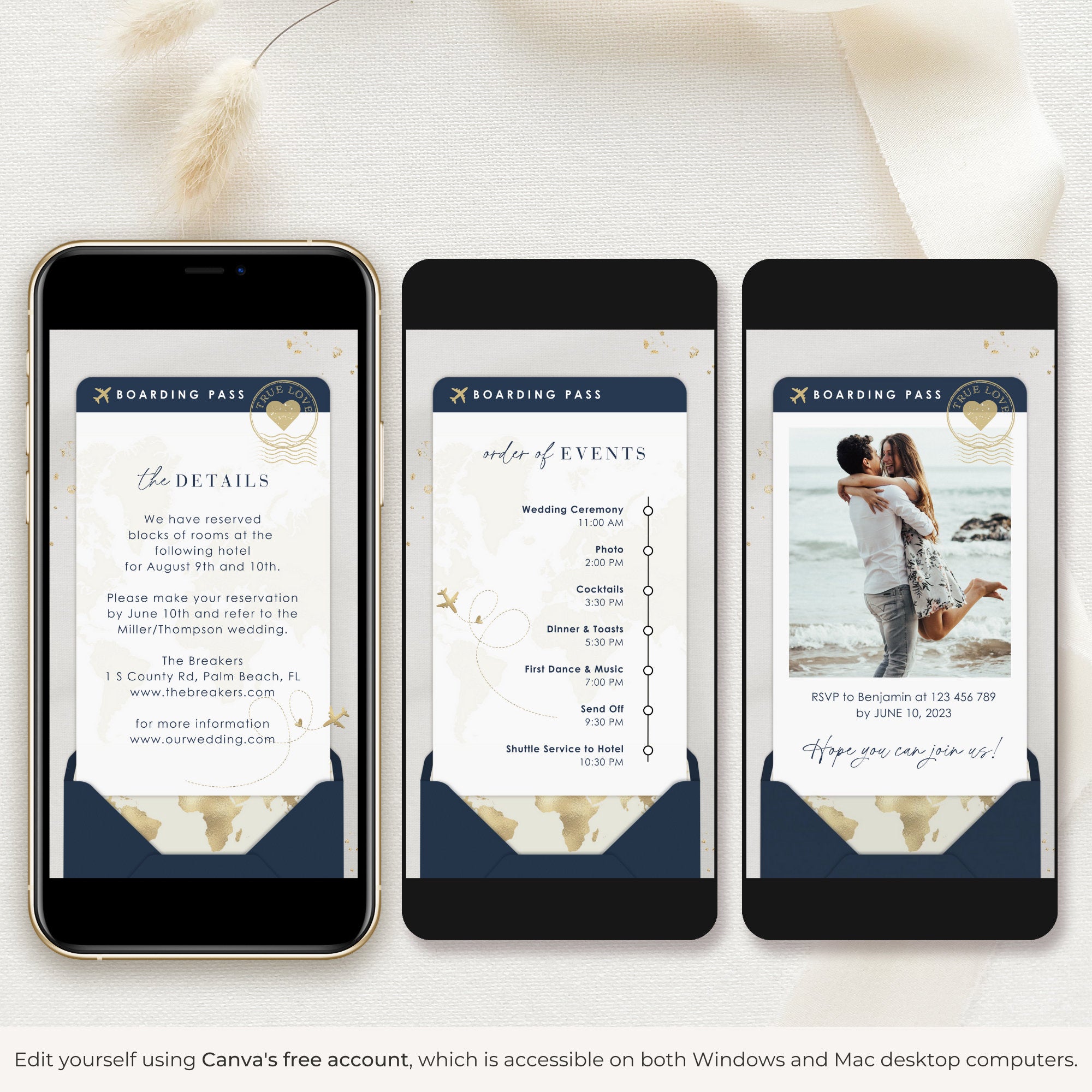Boarding Pass Wedding Invitation Video Template - Blue Navy