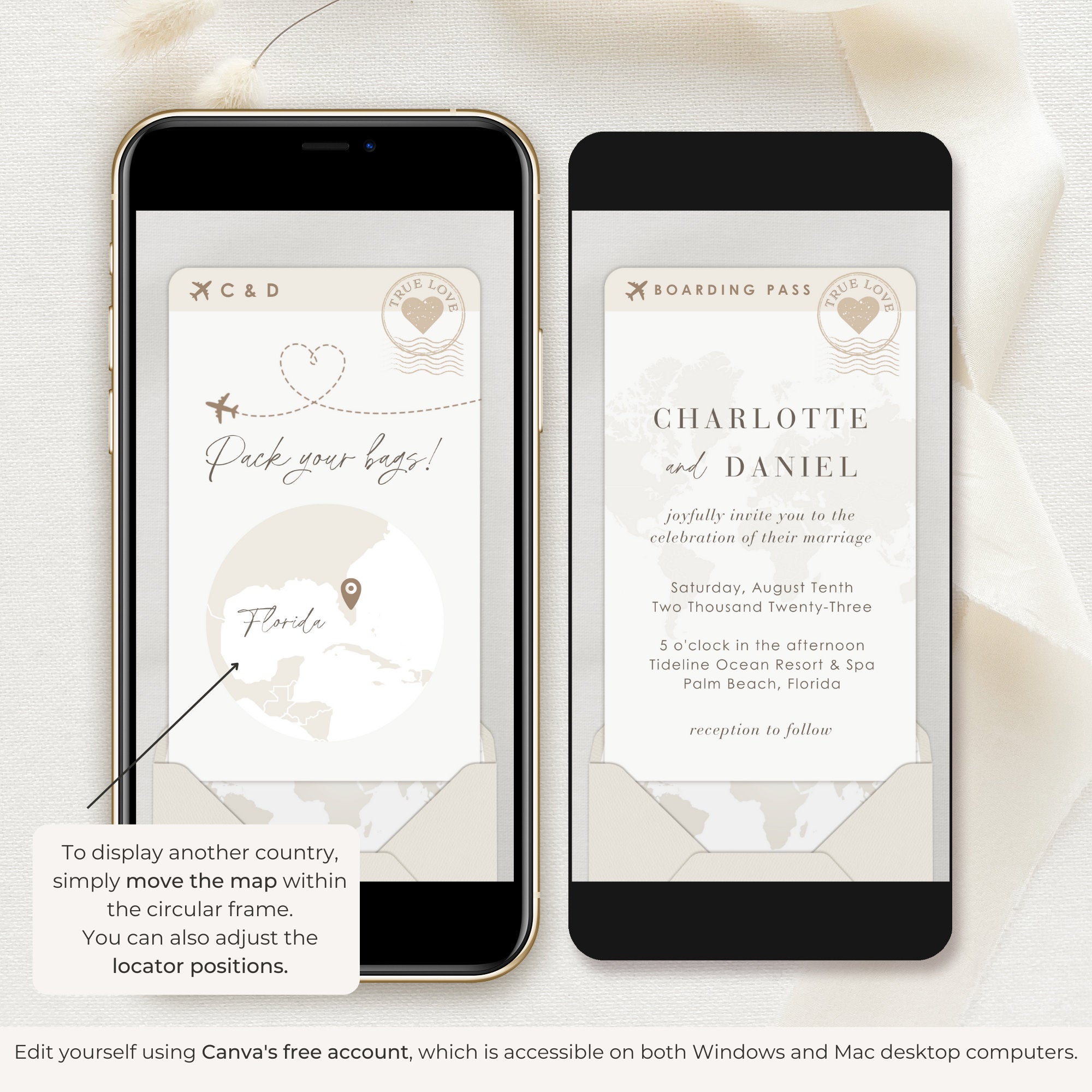 Boarding Pass Wedding Invitation Video Template - Taupe