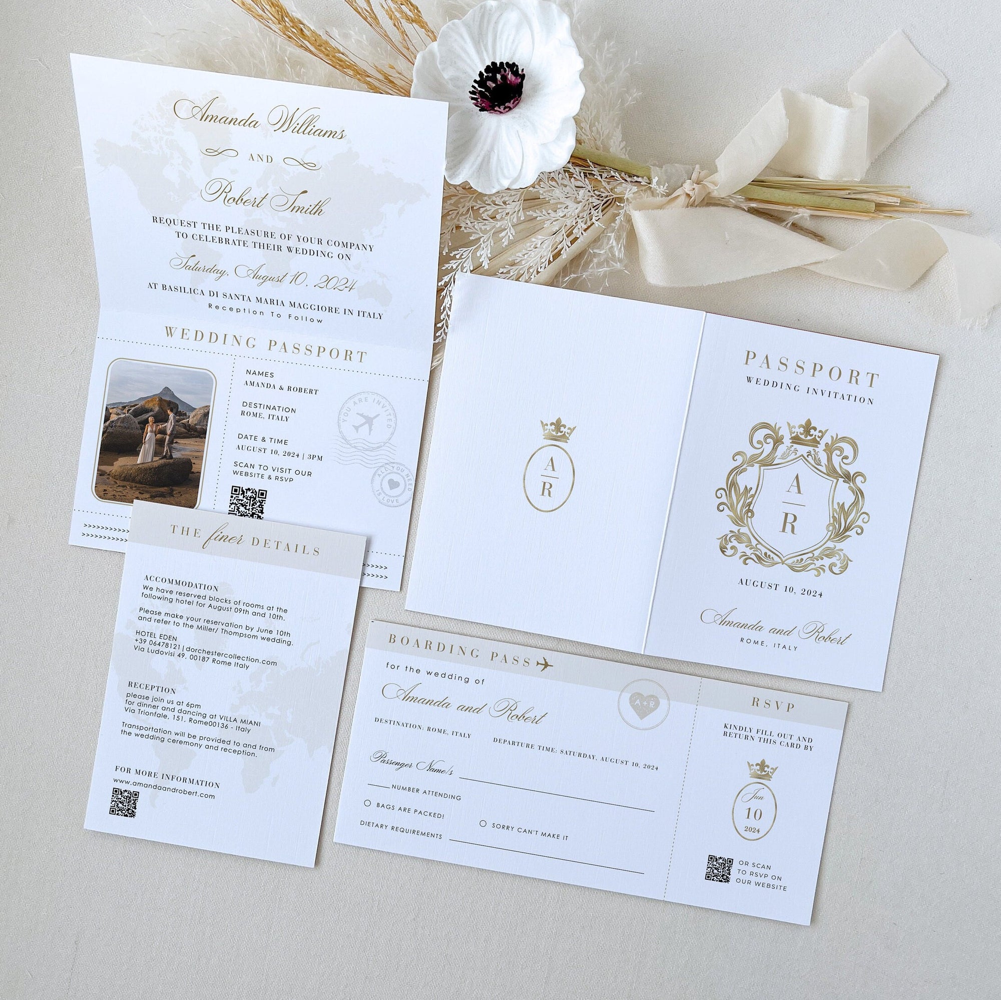 White &amp; Gold Passport Wedding Invitation Template