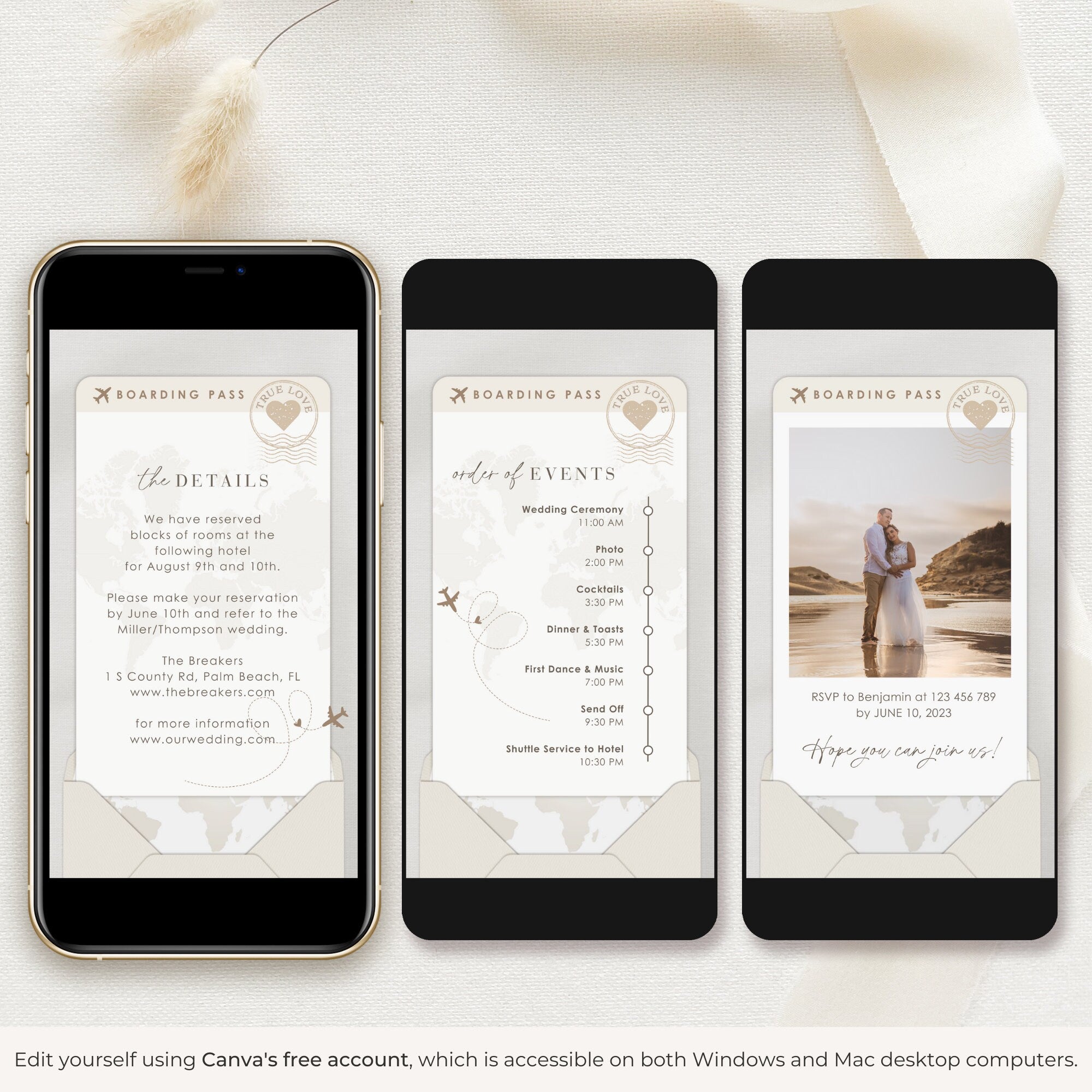Boarding Pass Wedding Invitation Video Template - Taupe