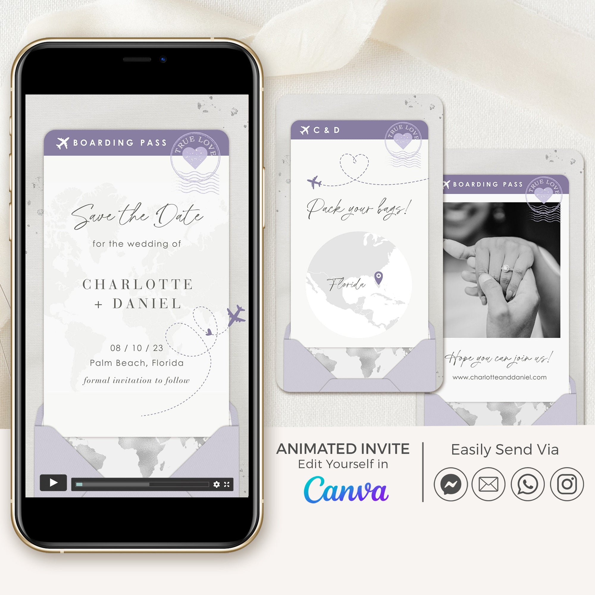Boarding Pass Save the Date Video Template - Purple