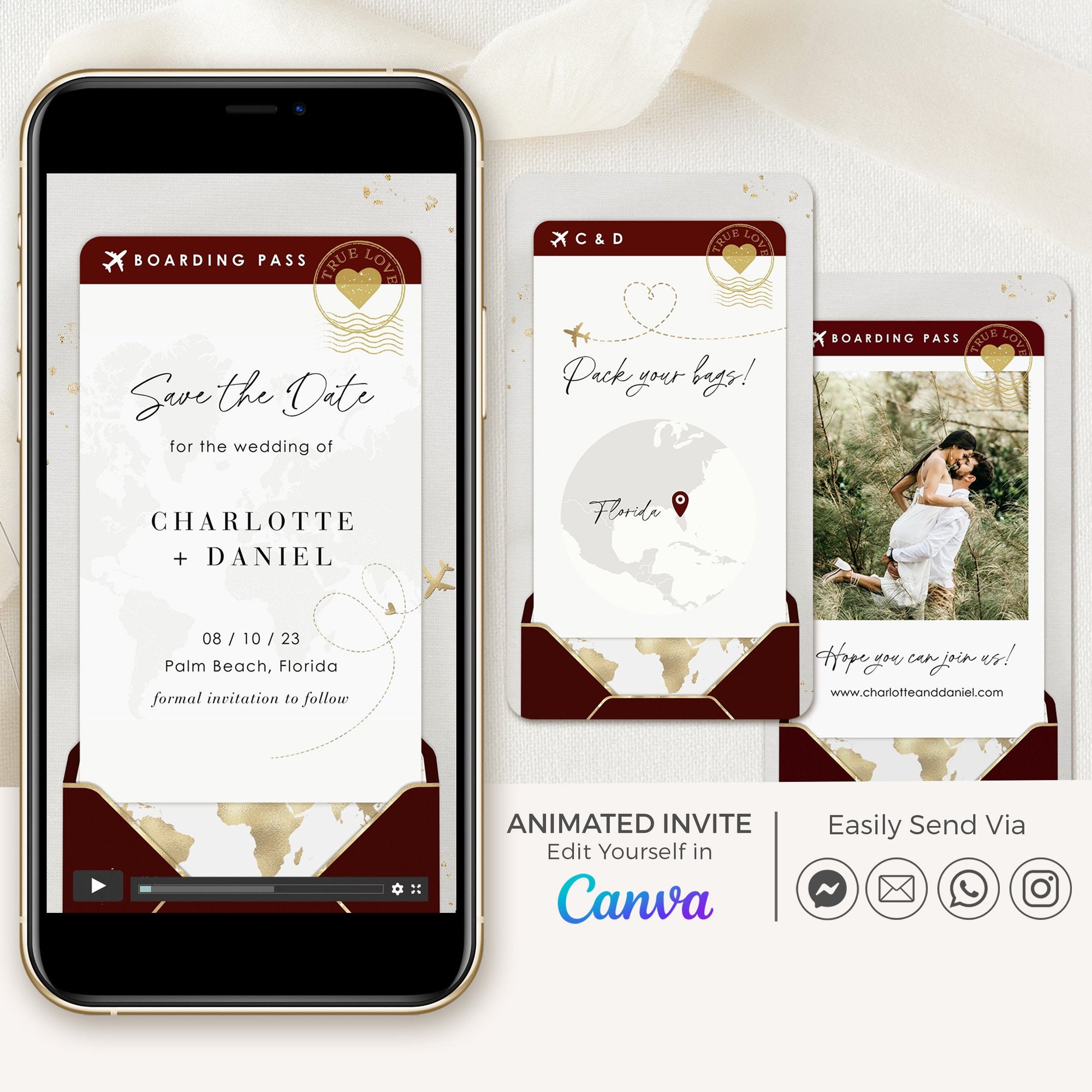 Boarding Pass Save the Date Video Template - Burgundy