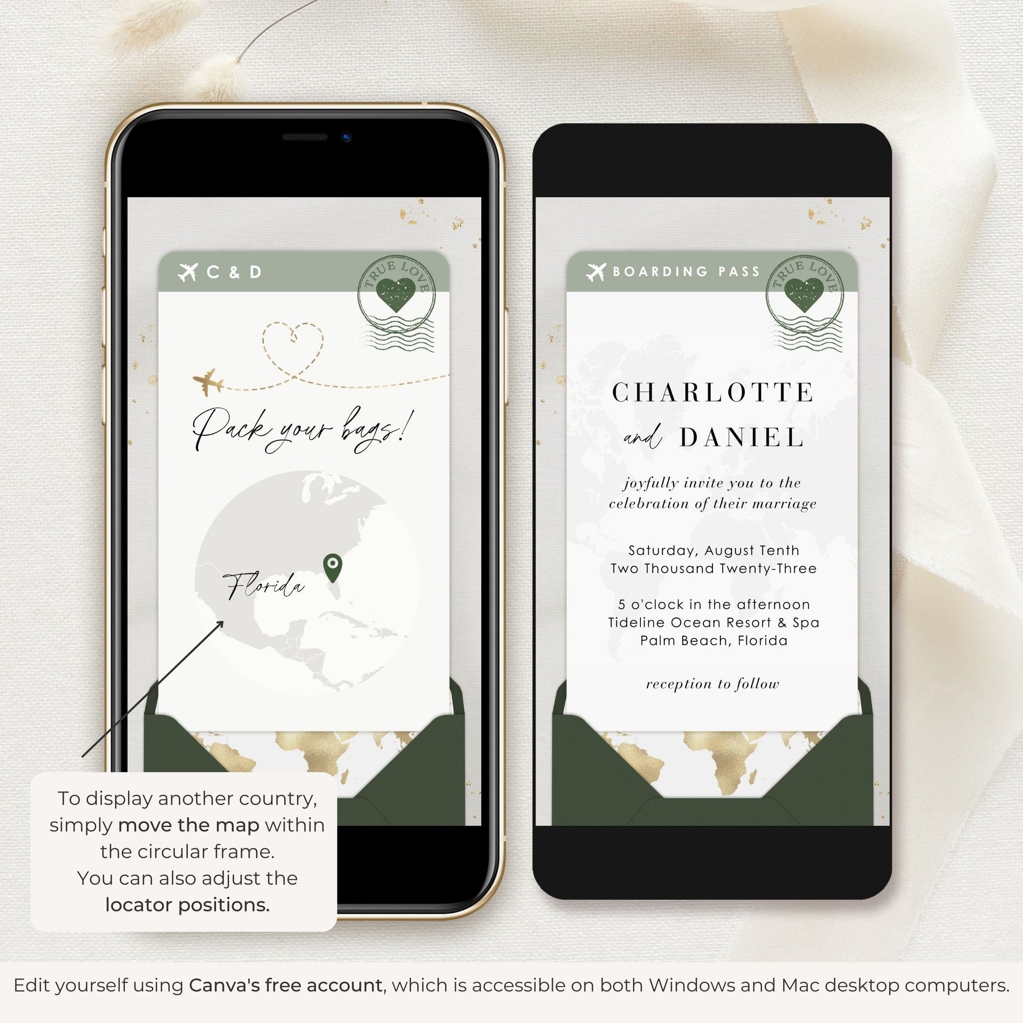 Boarding Pass Wedding Invitation Video Template - Sage Green