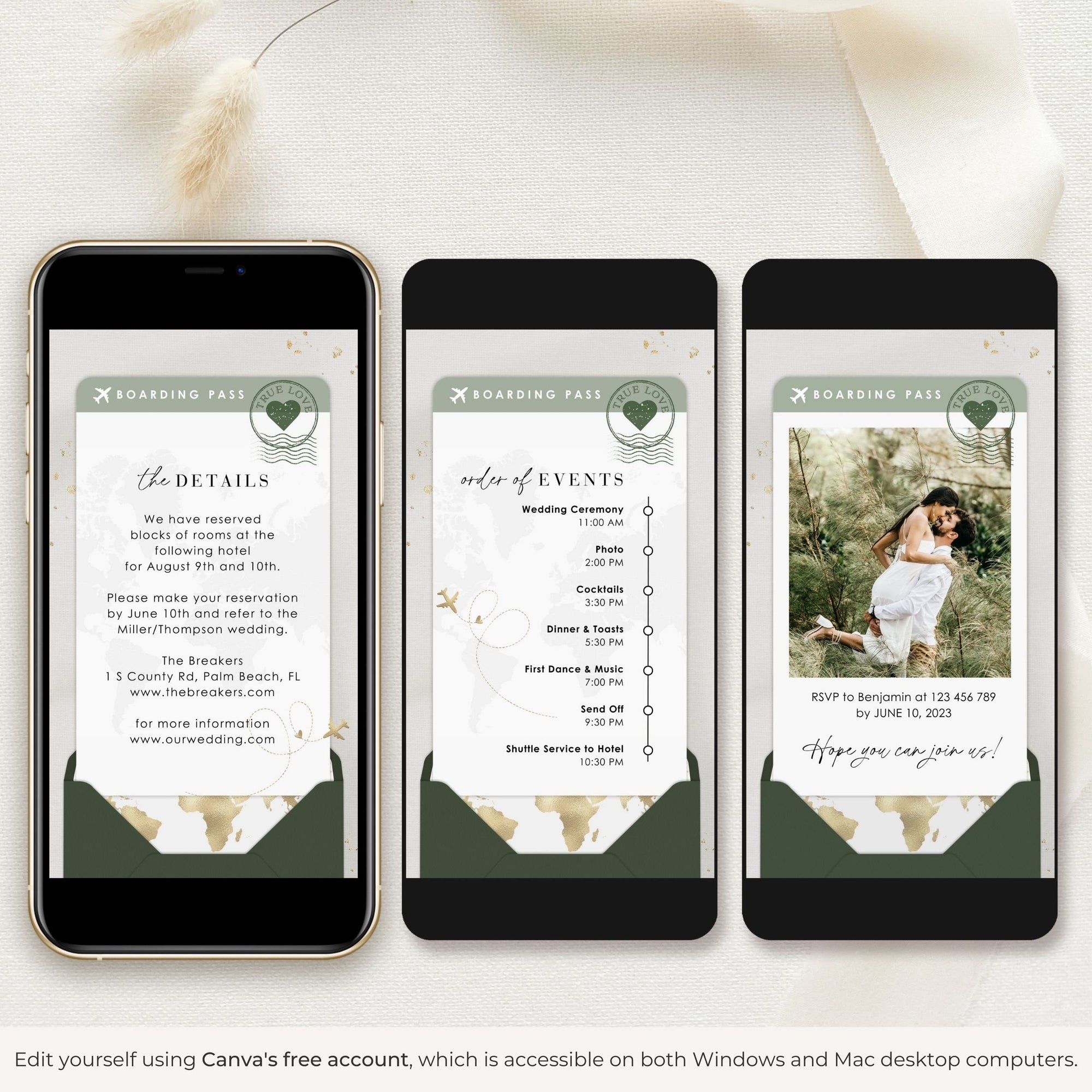 Boarding Pass Wedding Invitation Video Template - Sage Green