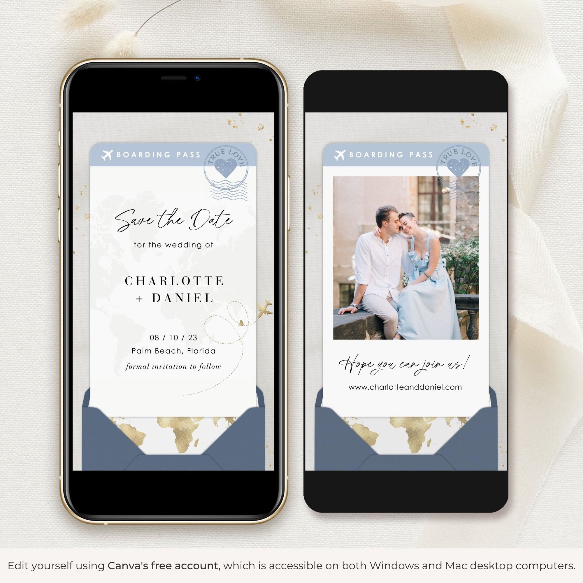 Boarding Pass Save the Date Video Template - Dusty Blue