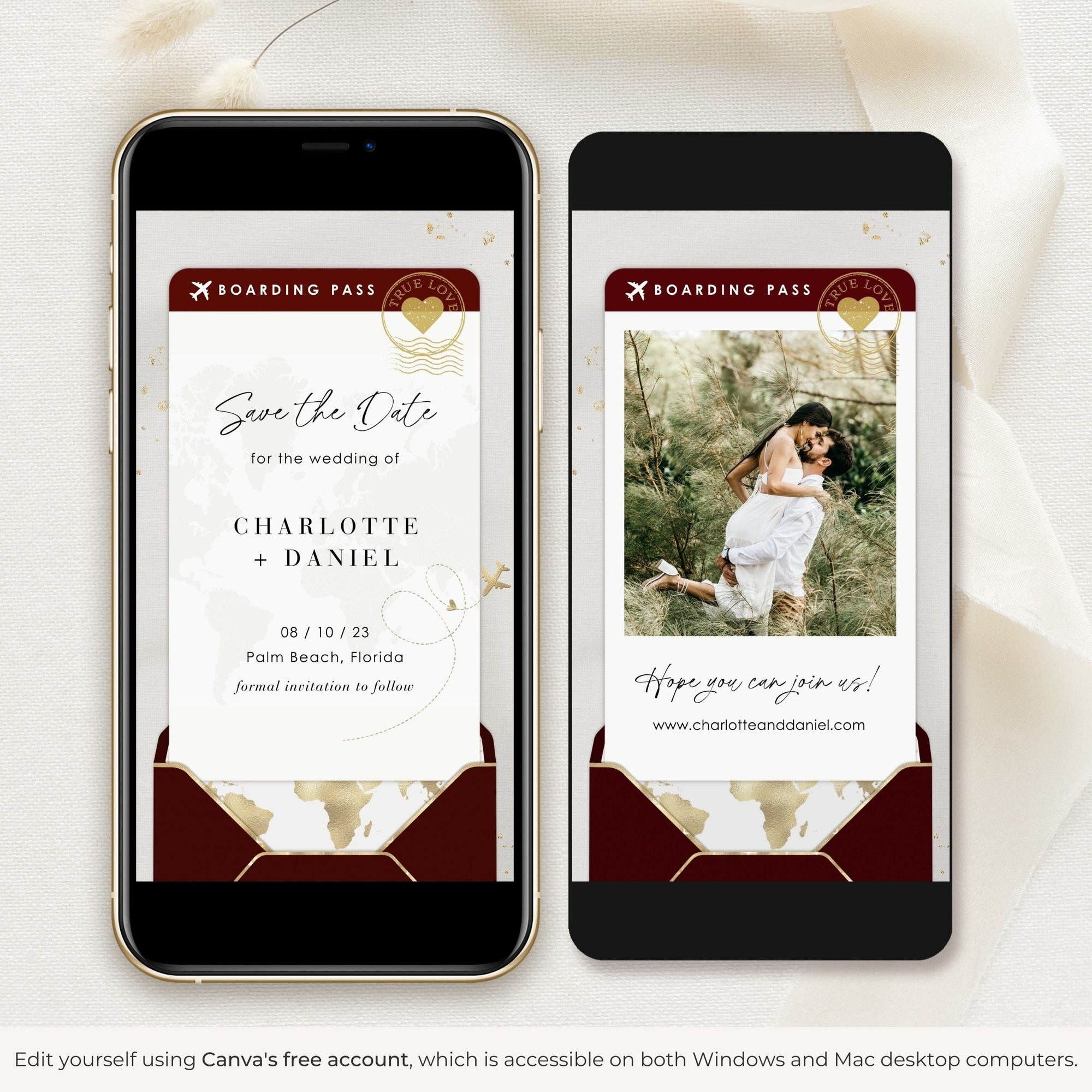 Boarding Pass Save the Date Video Template - Burgundy