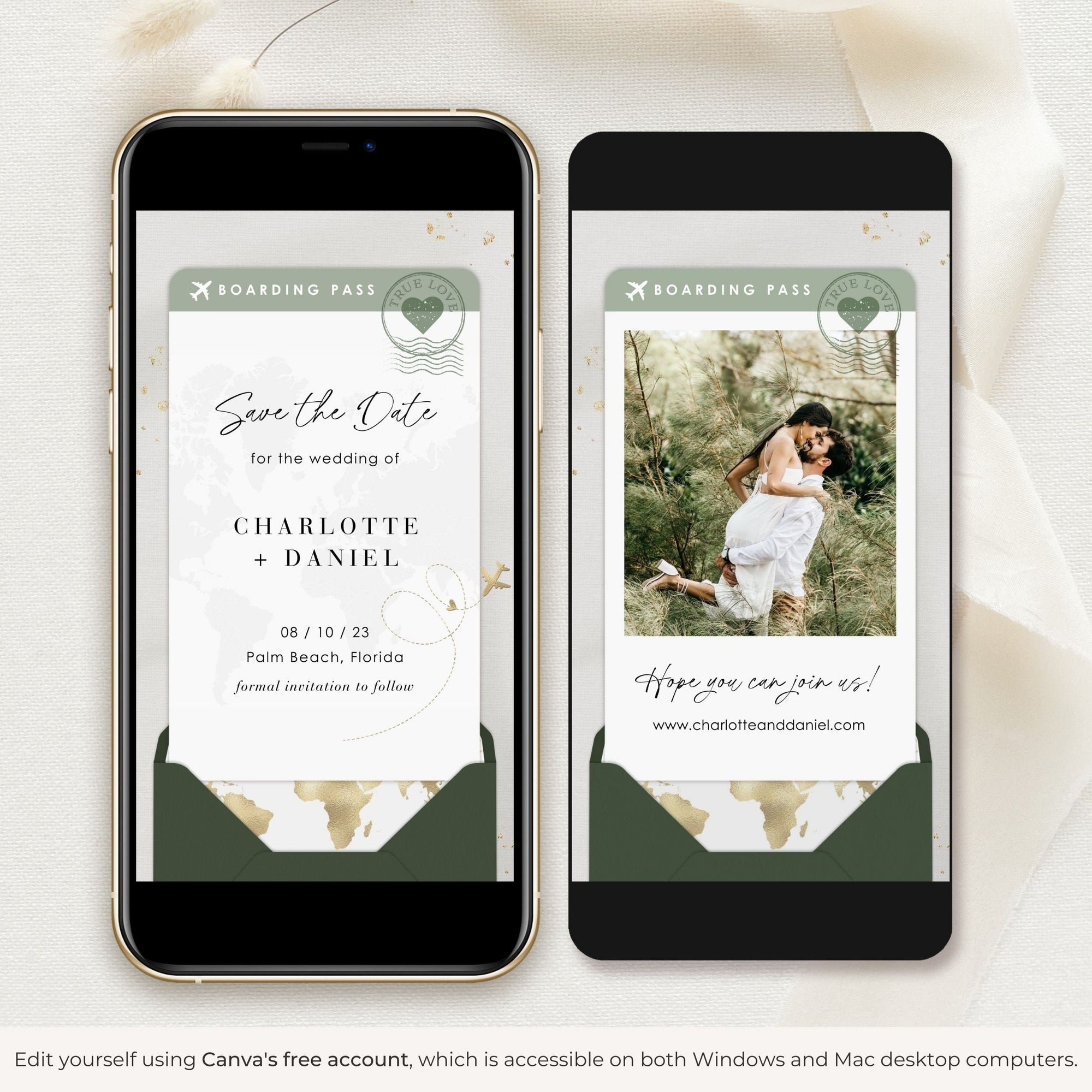 Boarding Pass Save the Date Video Template - Sage Green