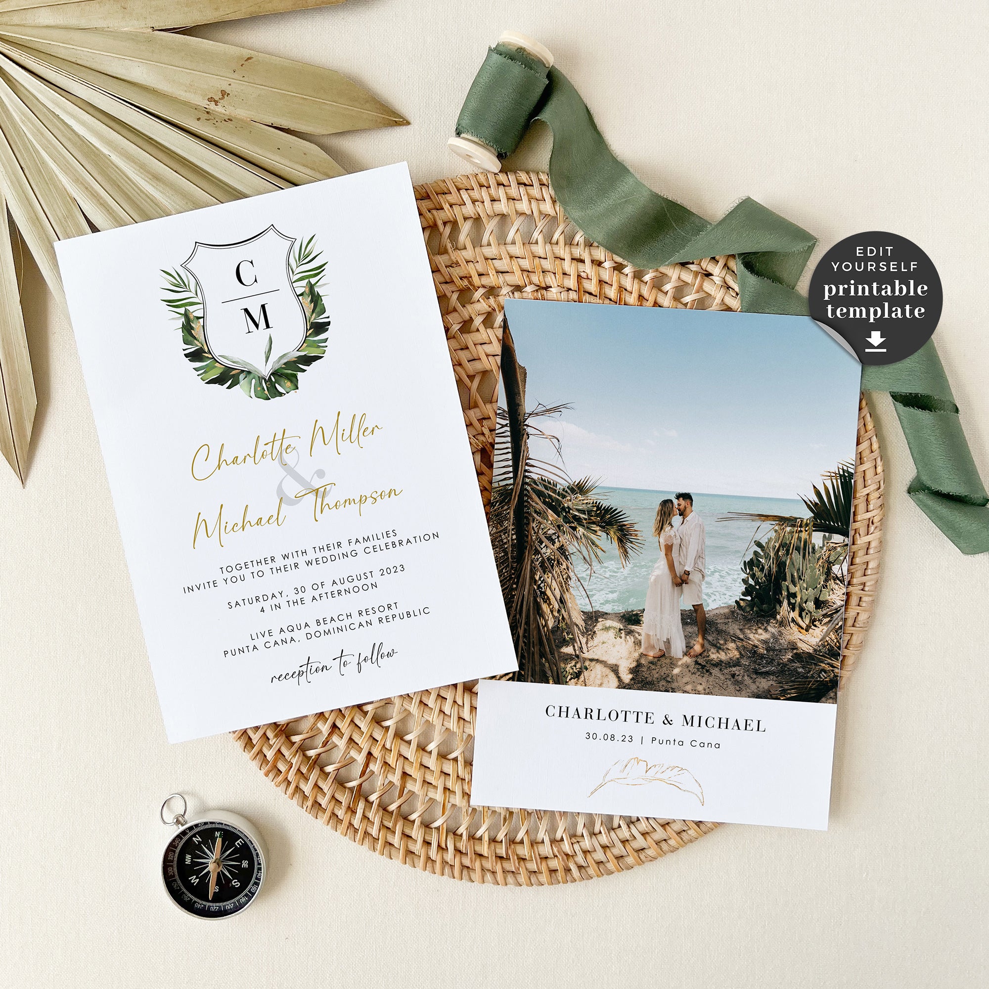 Palma | tropical wedding invite Template with Monogram