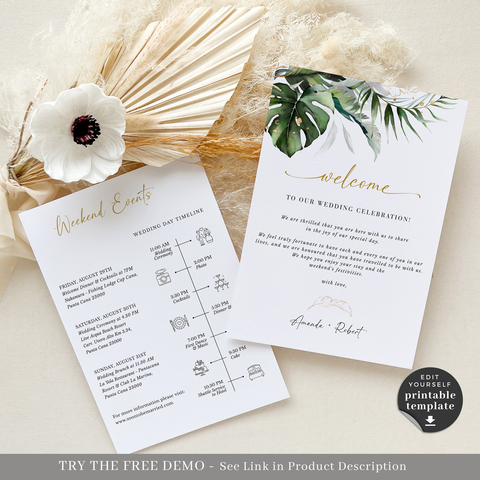 PALMA Tropical Wedding Welcome Letter And Itinerary Template